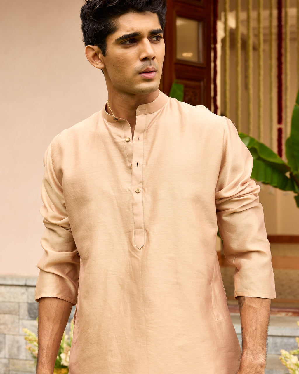 Light Gold Pure Chanderi Men's Short Kurta