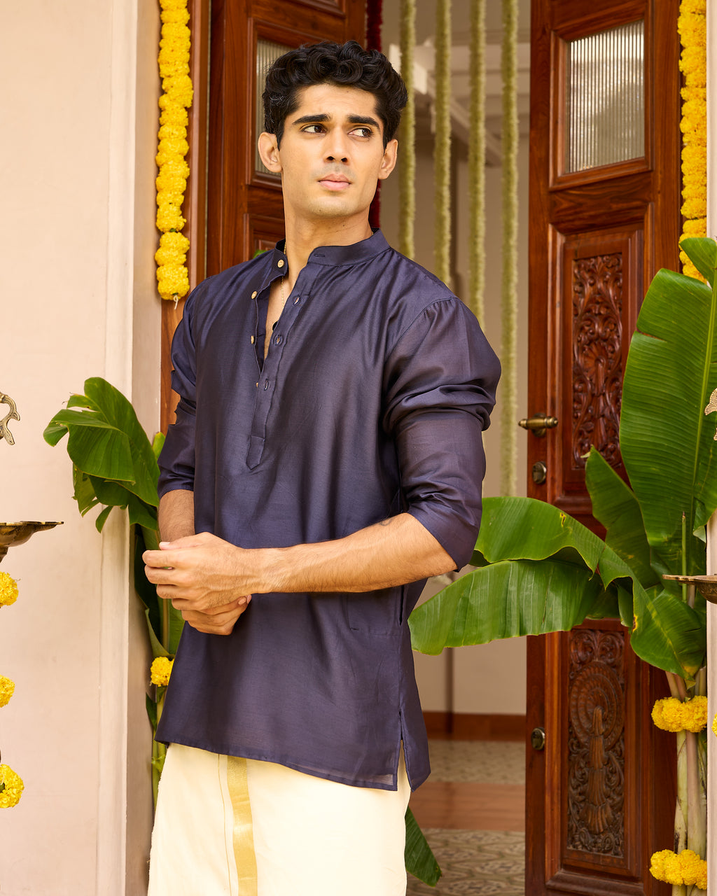 Midnight Pure Chanderi Men's Short Kurta