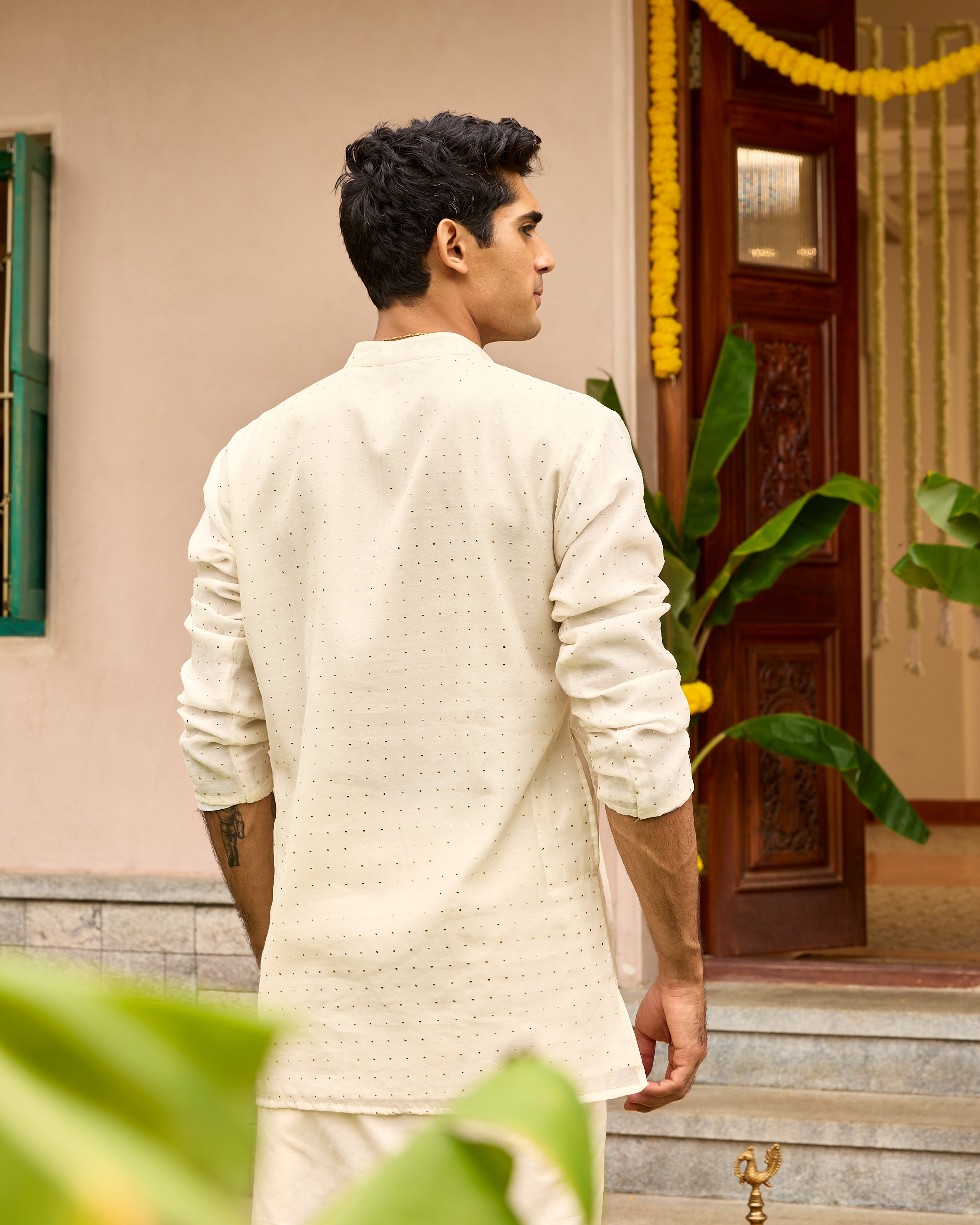 White Kamdani  Pure Chanderi Men's Short Kurta