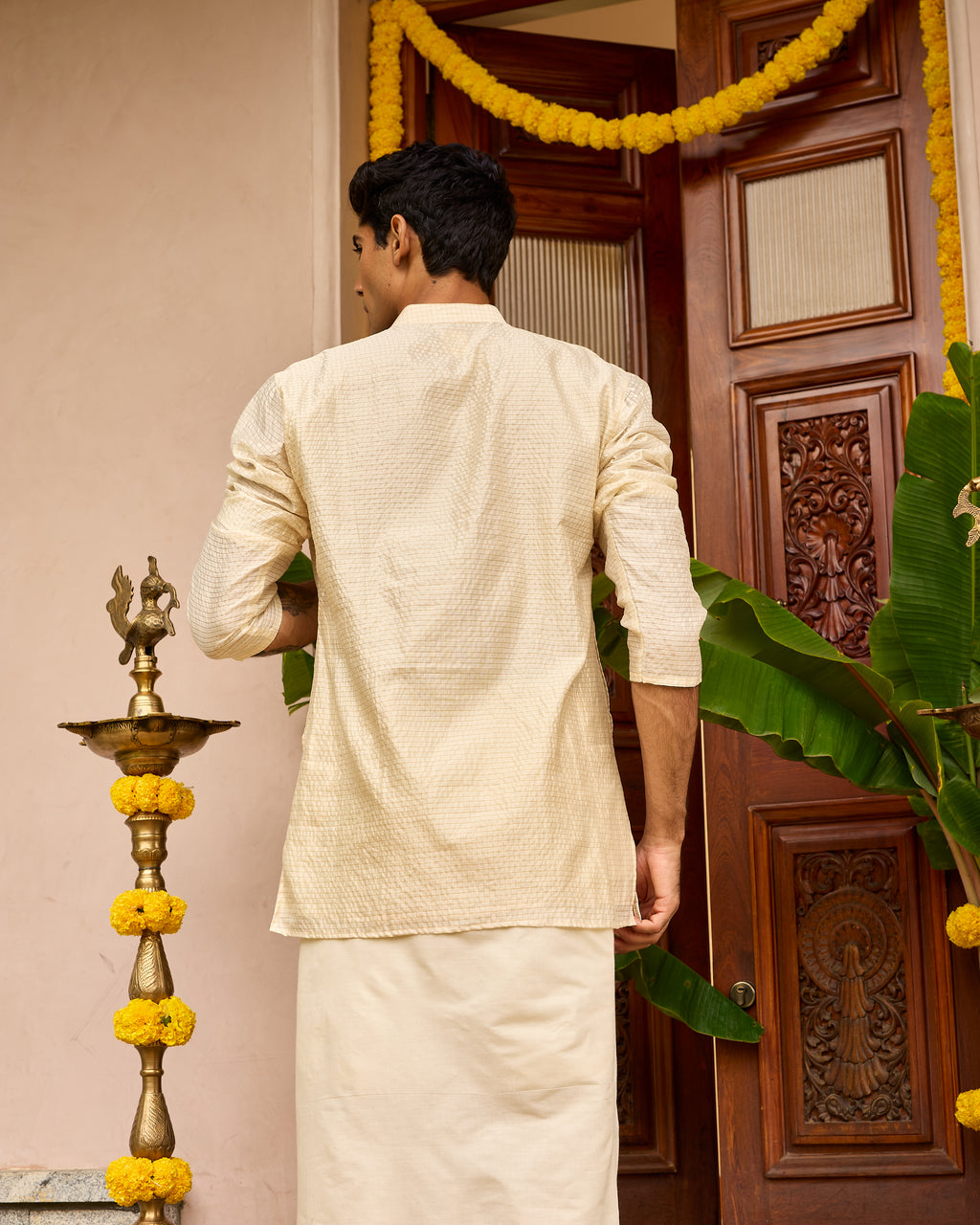 Small Checks Pure Chiniya Silk Men's Short Kurta