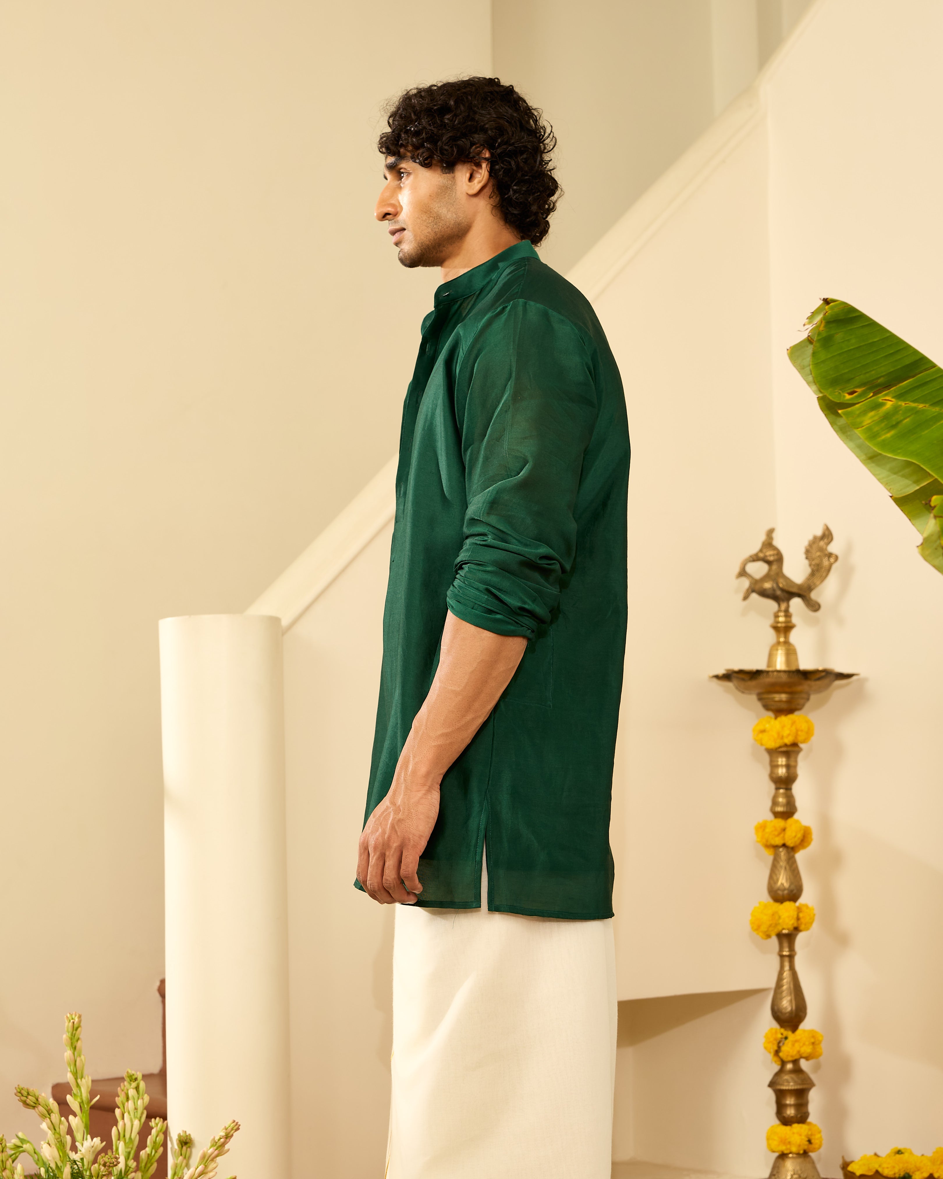 Bottle Green Pure Chanderi Men's Short Kurta