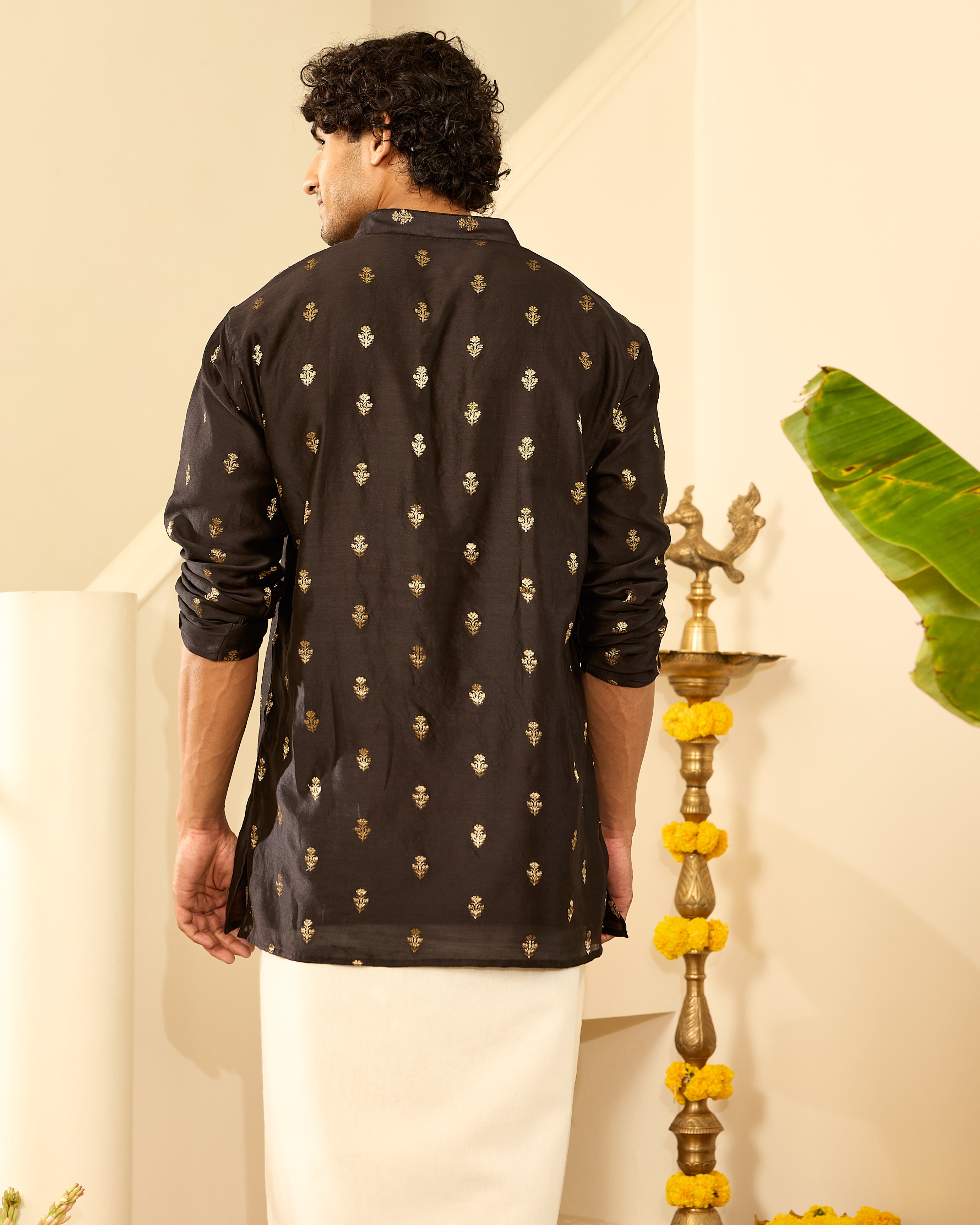 Black Pure Chanderi Zari Buta Small Floral Men's Short Kurta