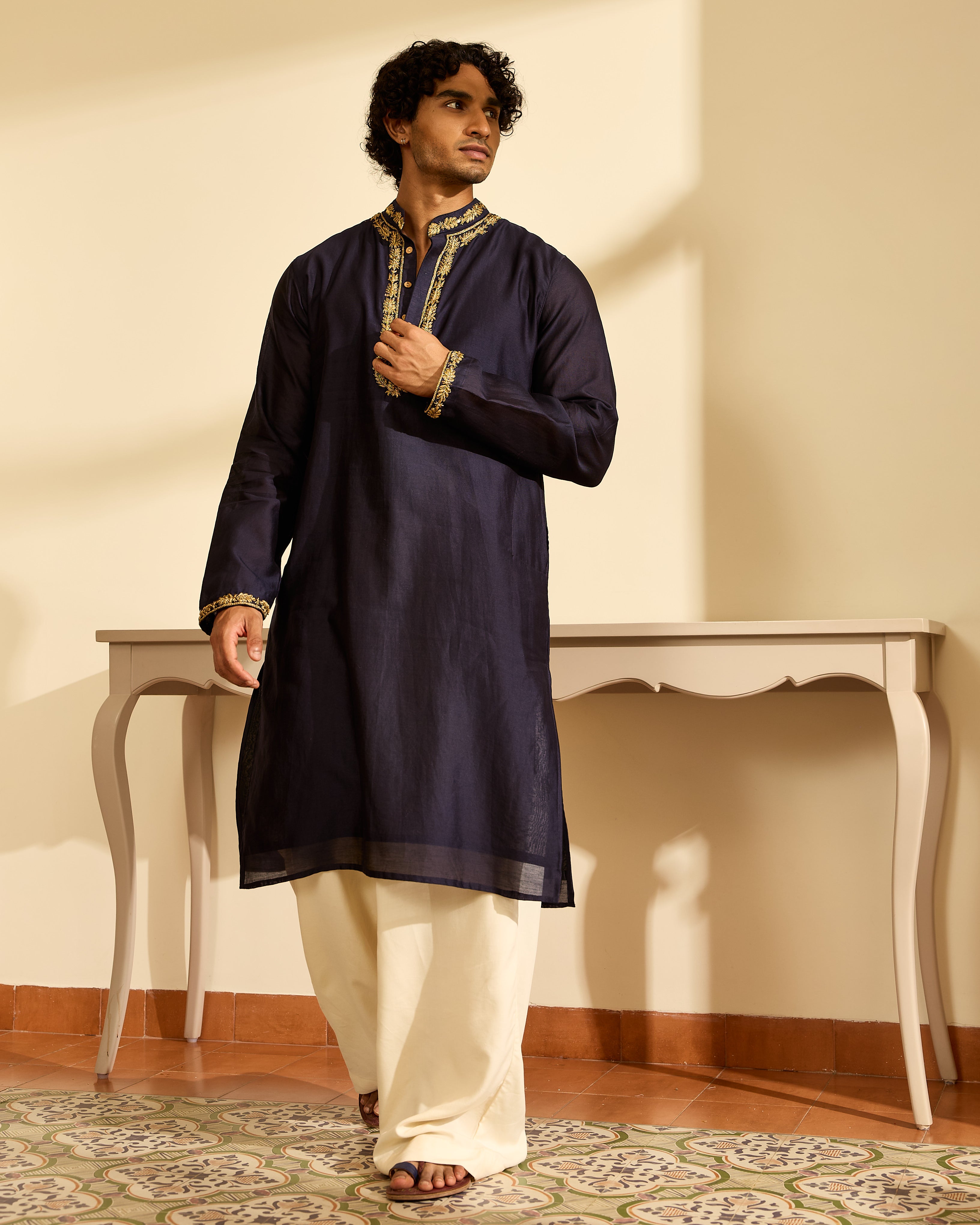 Aari Midnight Blue Black Chanderi Kurta