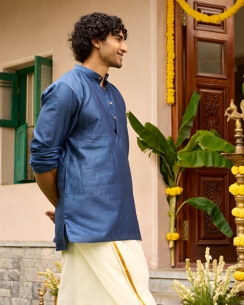 Blue Pure Chanderi Men's Short Kurta