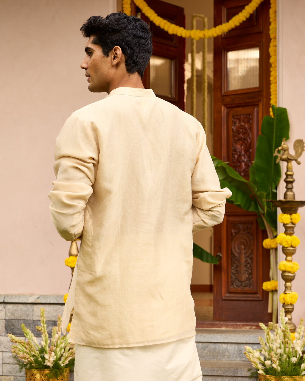 Thin Stripes Pure Tissue Chanderi Men's Short Kurta