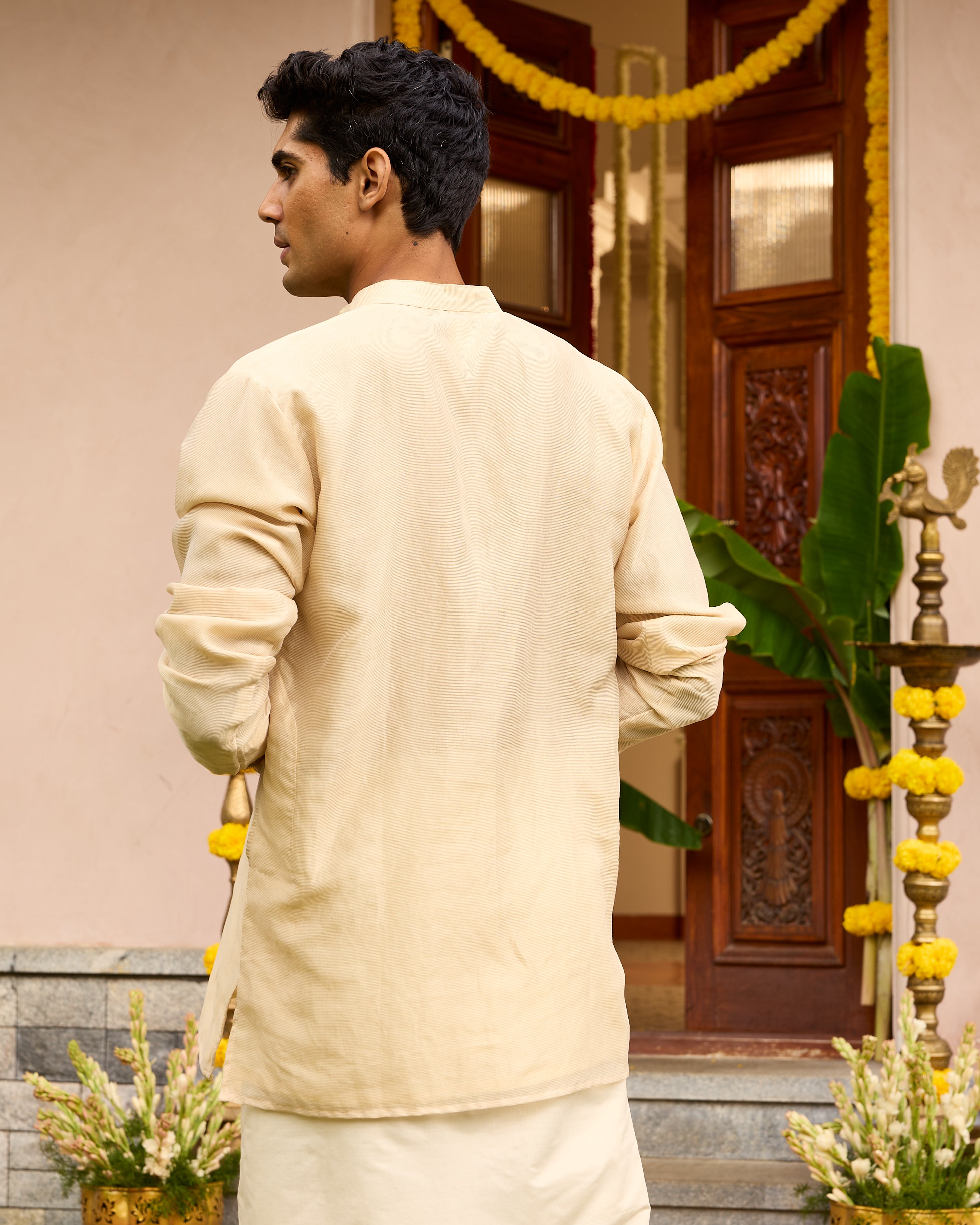 Thin Stripes Pure Tissue Chanderi Men's Short Kurta
