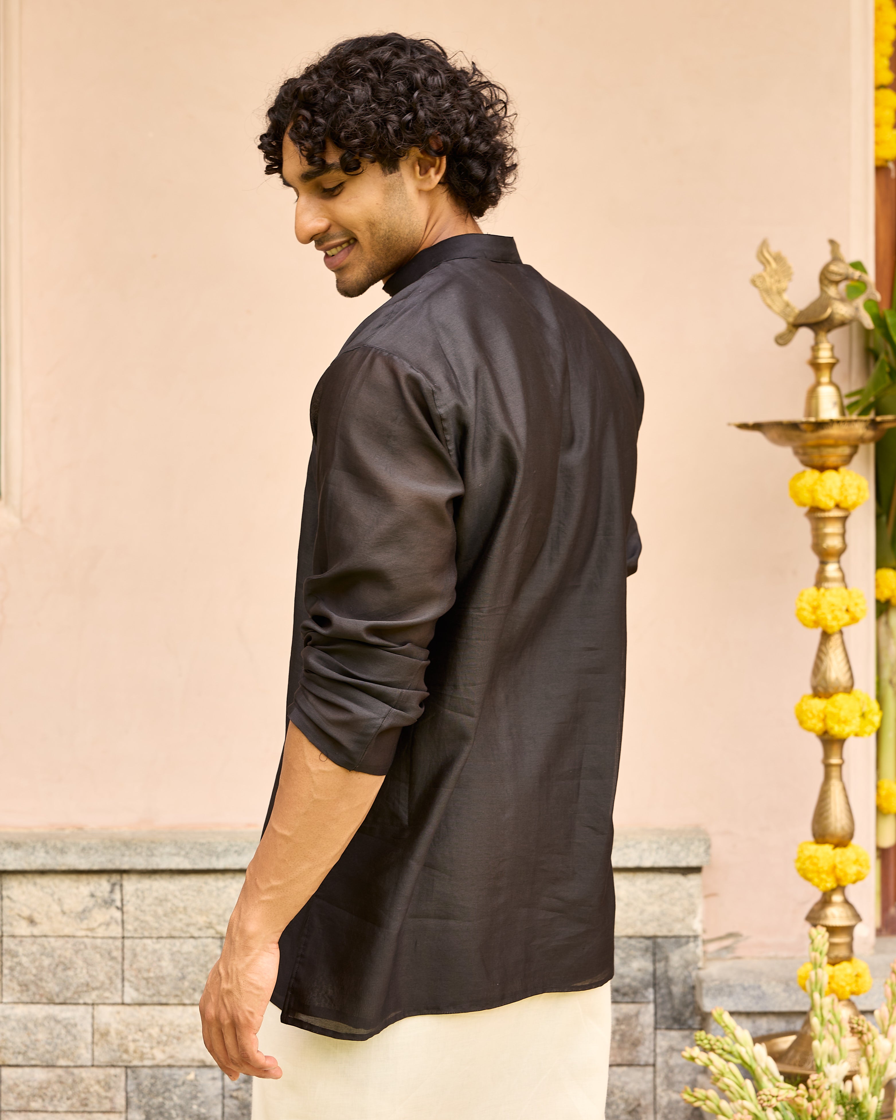 True Black Pure Chanderi Men's Short Kurta