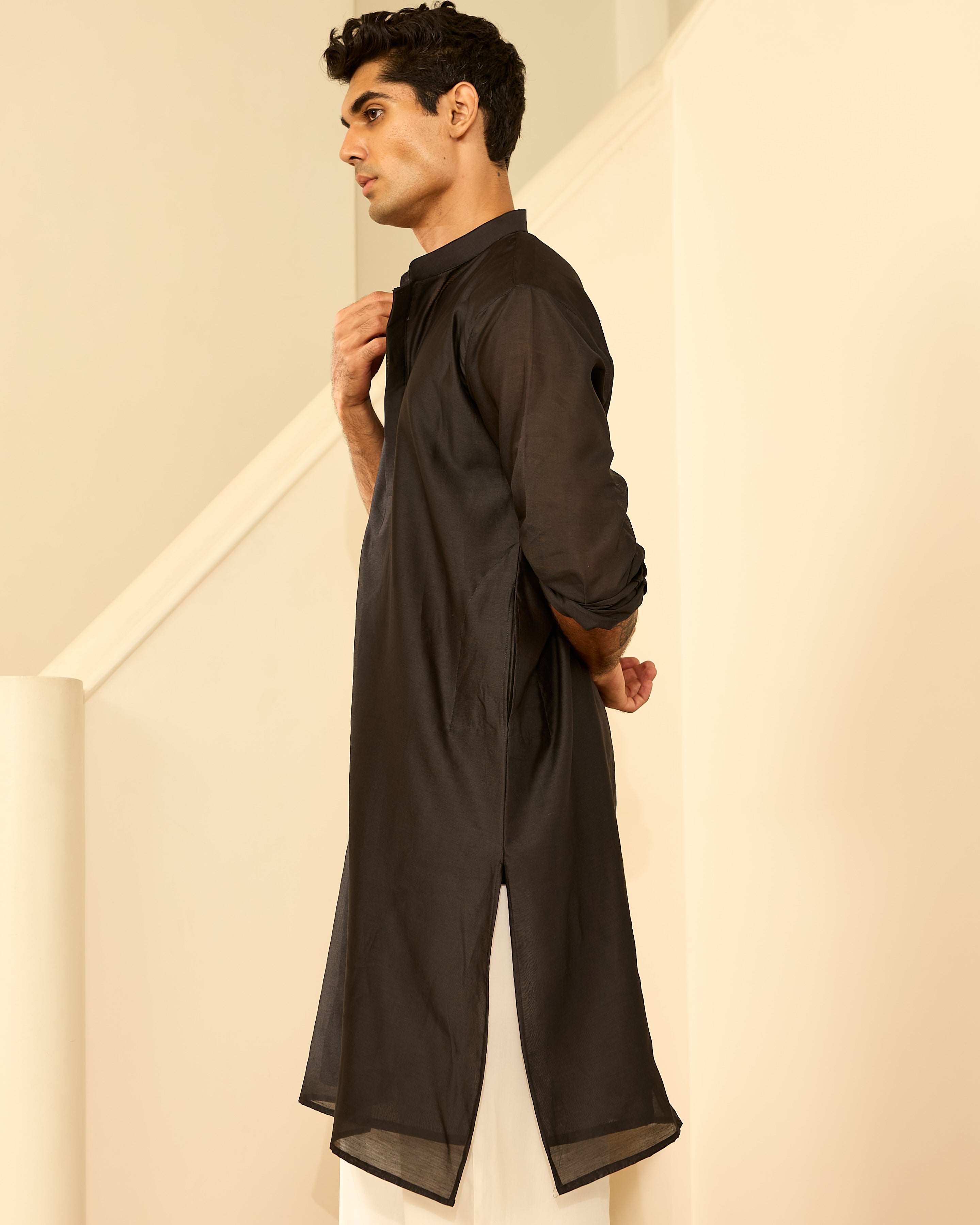 True Black Pure Chanderi Men's Kurta
