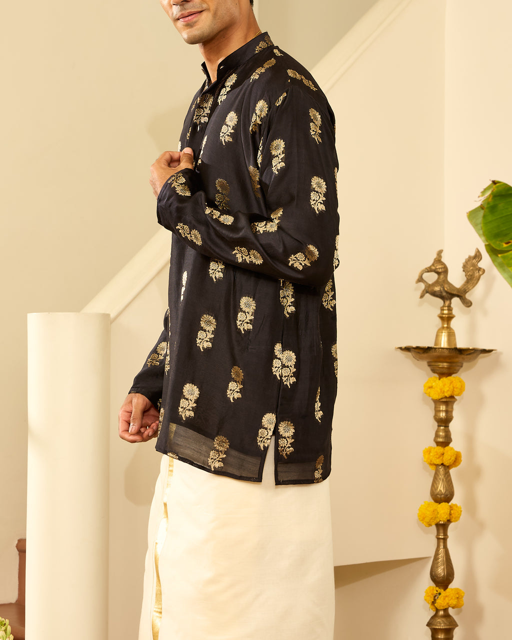 Black Pure Chanderi Zari Buta Floral Men's Short Kurta