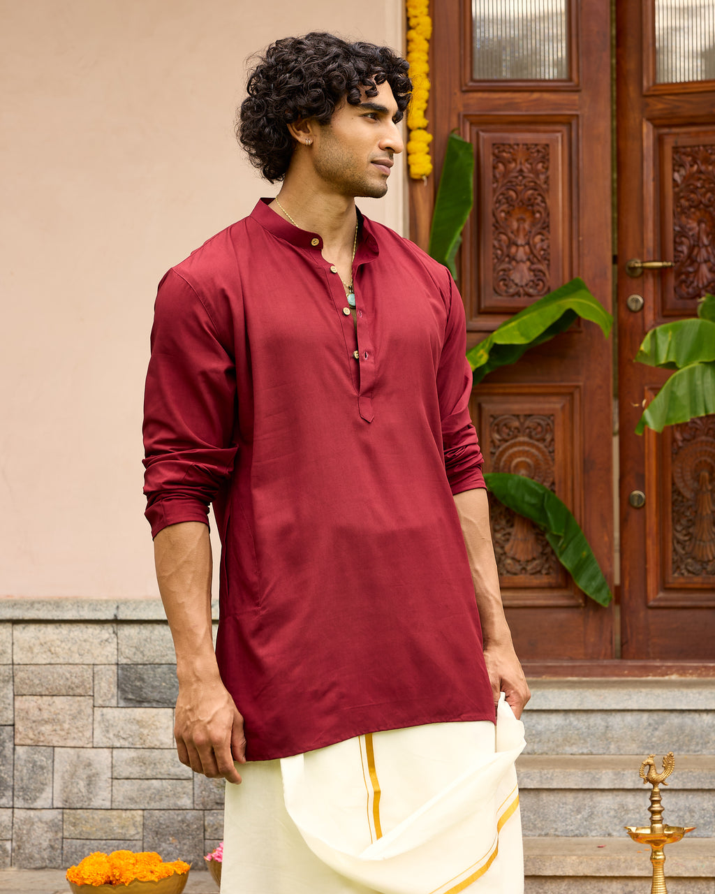 Maroon Modal Men's Short Kurta