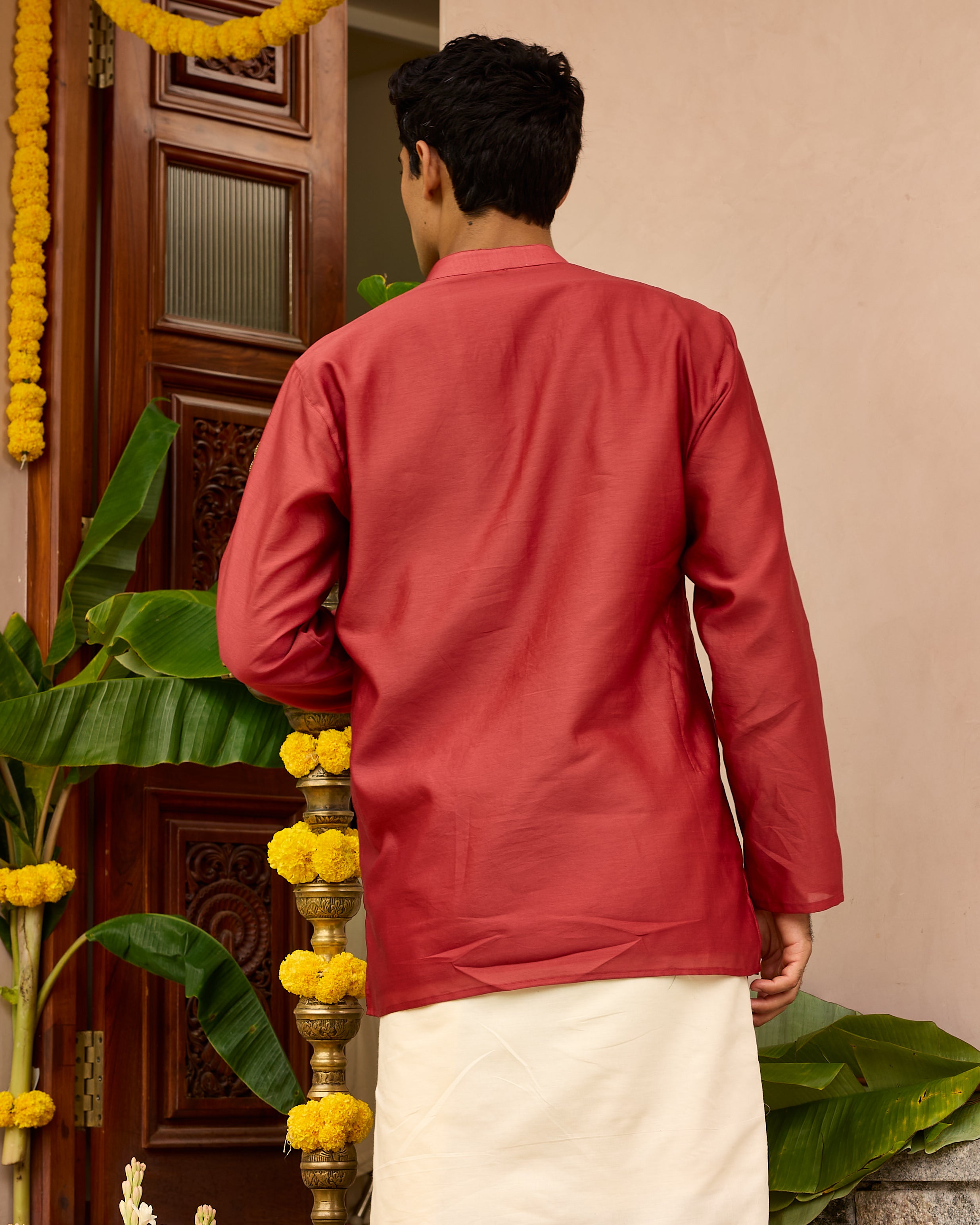 Red Pure Chanderi Men's Short Kurta