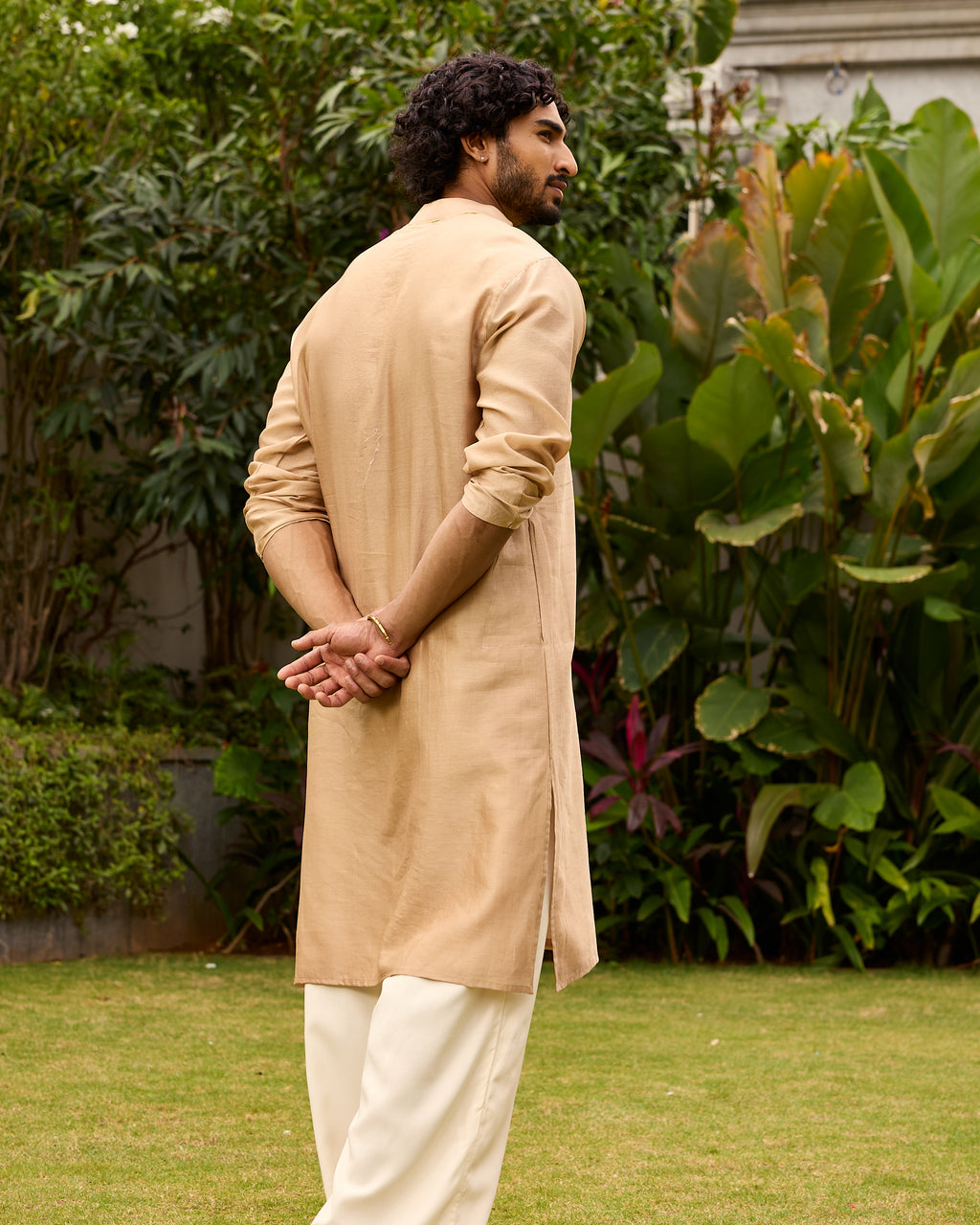 Light Gold Pure Chanderi Kurta With Gold Piping On Hidden Placket