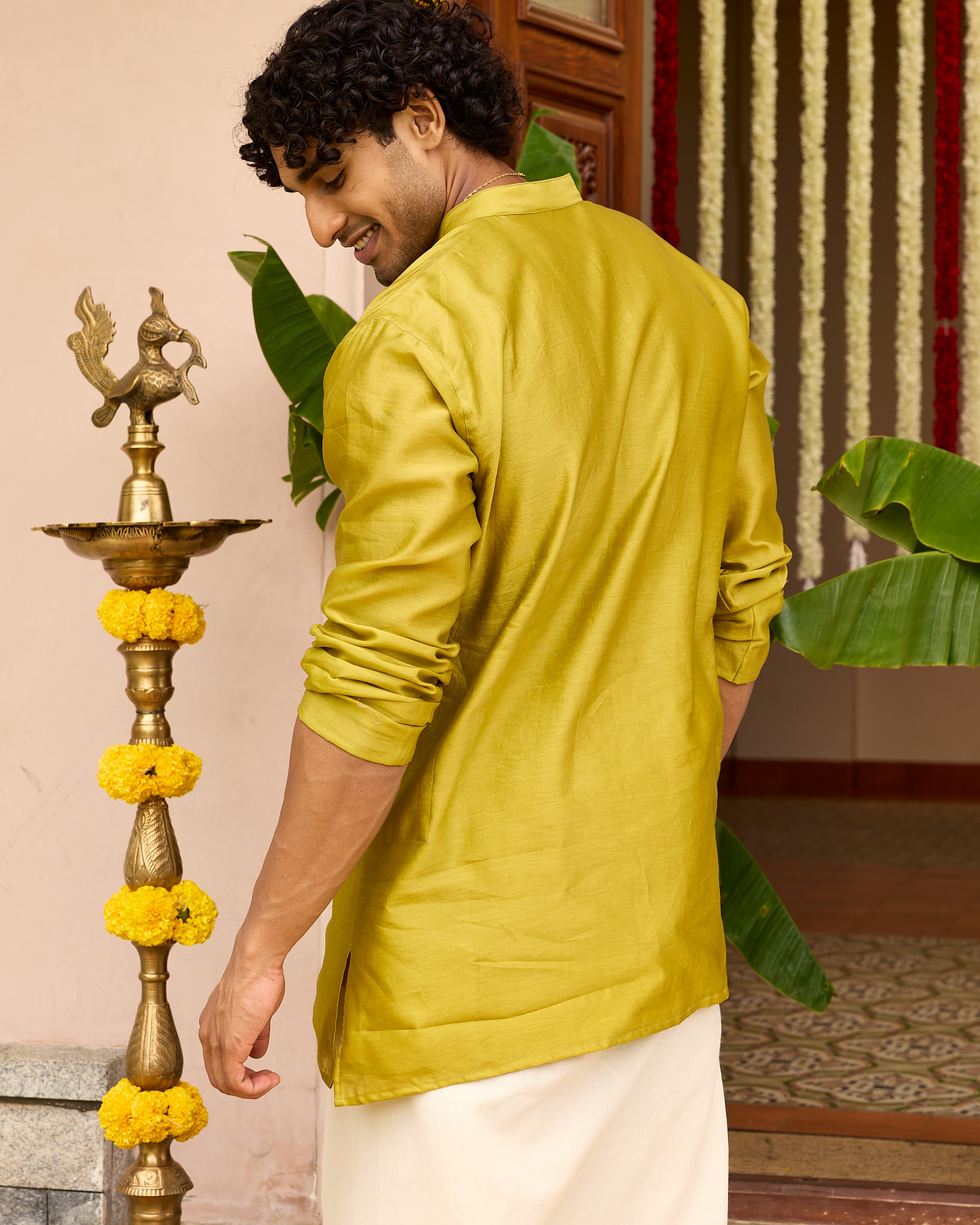 Green Pure Chanderi Men's Short Kurta
