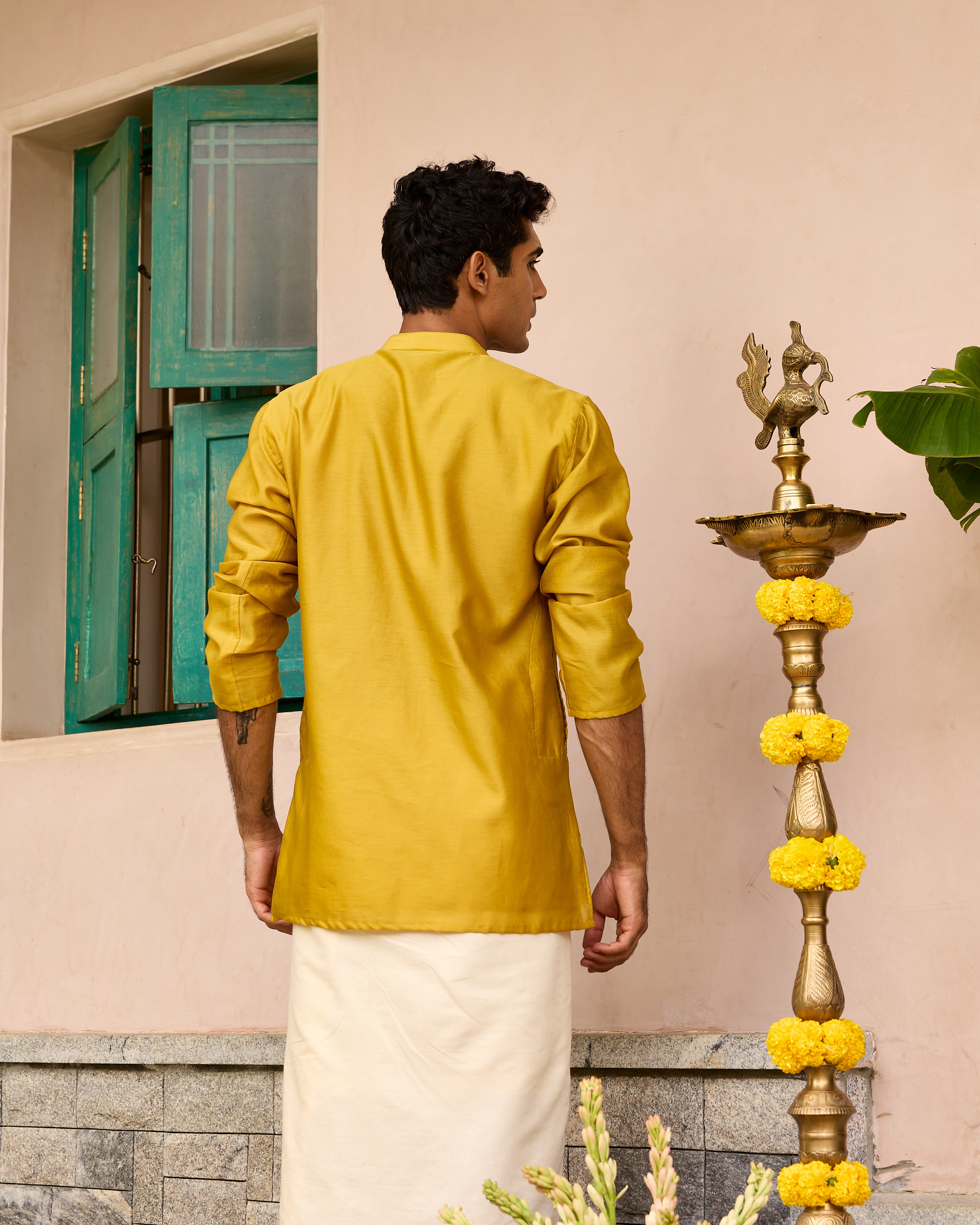 Yellow Pure Chanderi Men's Short Kurta