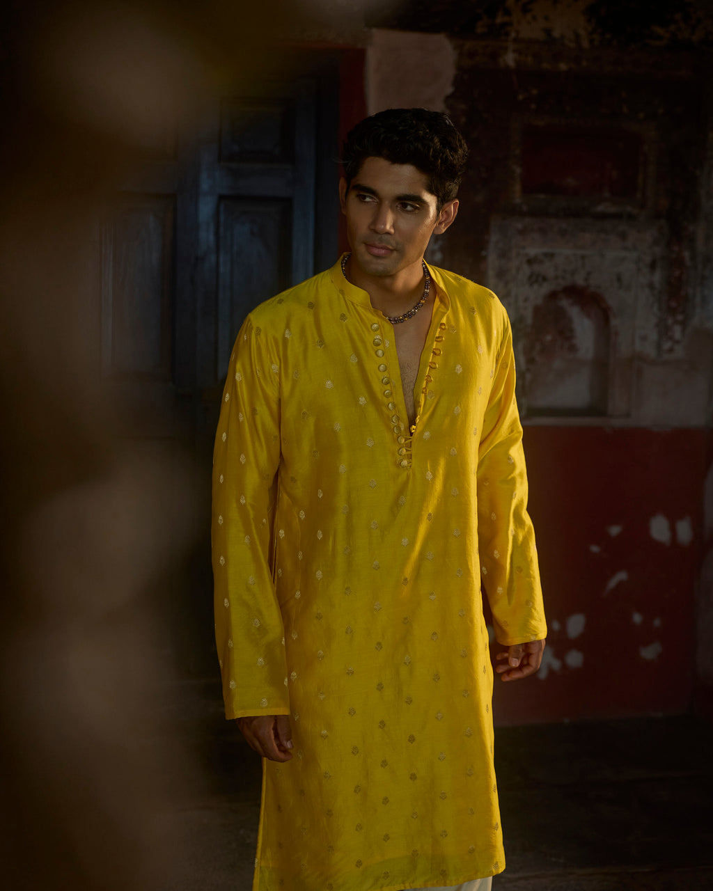 Manuhaar Bright Yellow Buta Chanderi Kurta