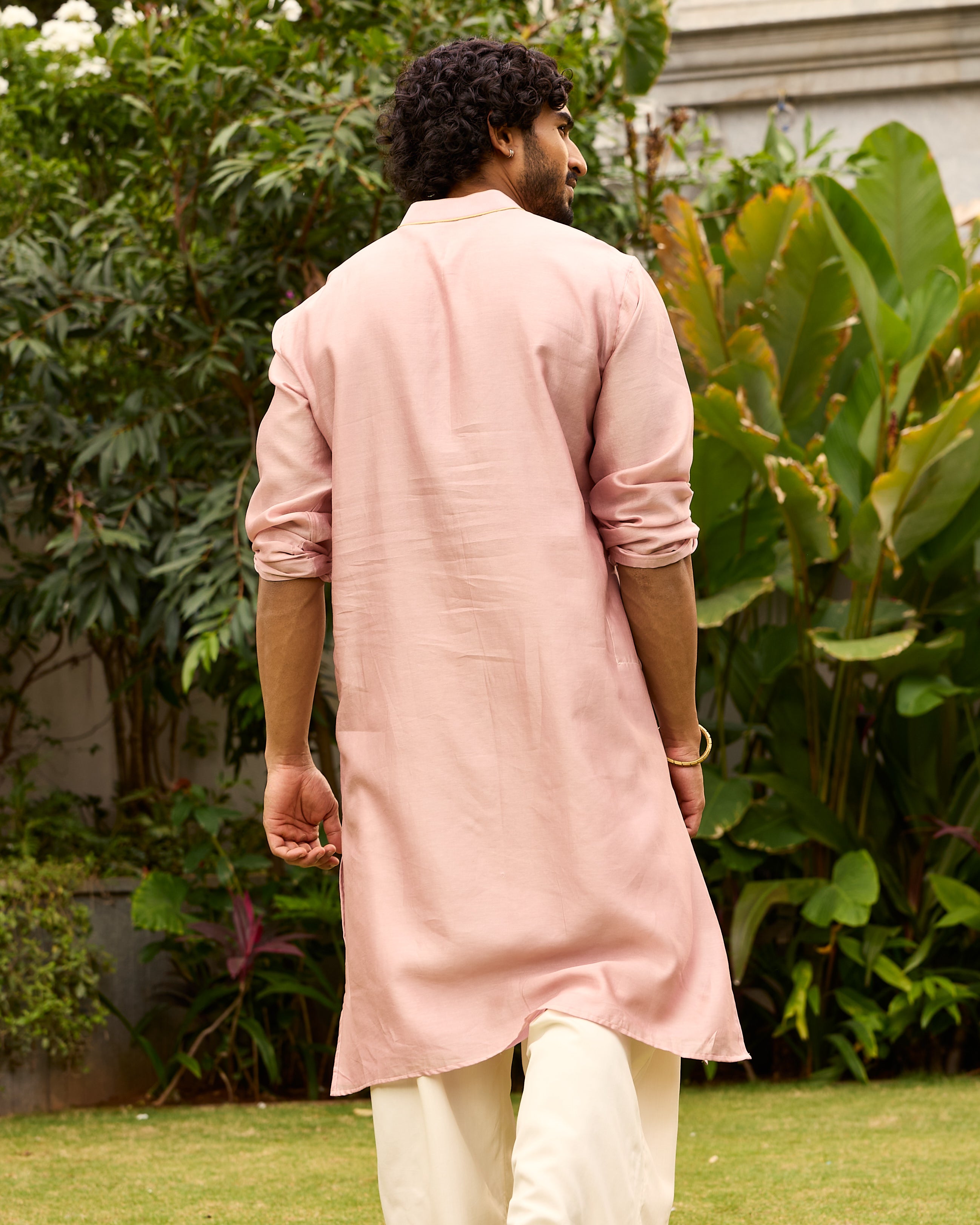 Rose Pink Pure Chanderi Kurta With Gold Piping On Hidden Placket