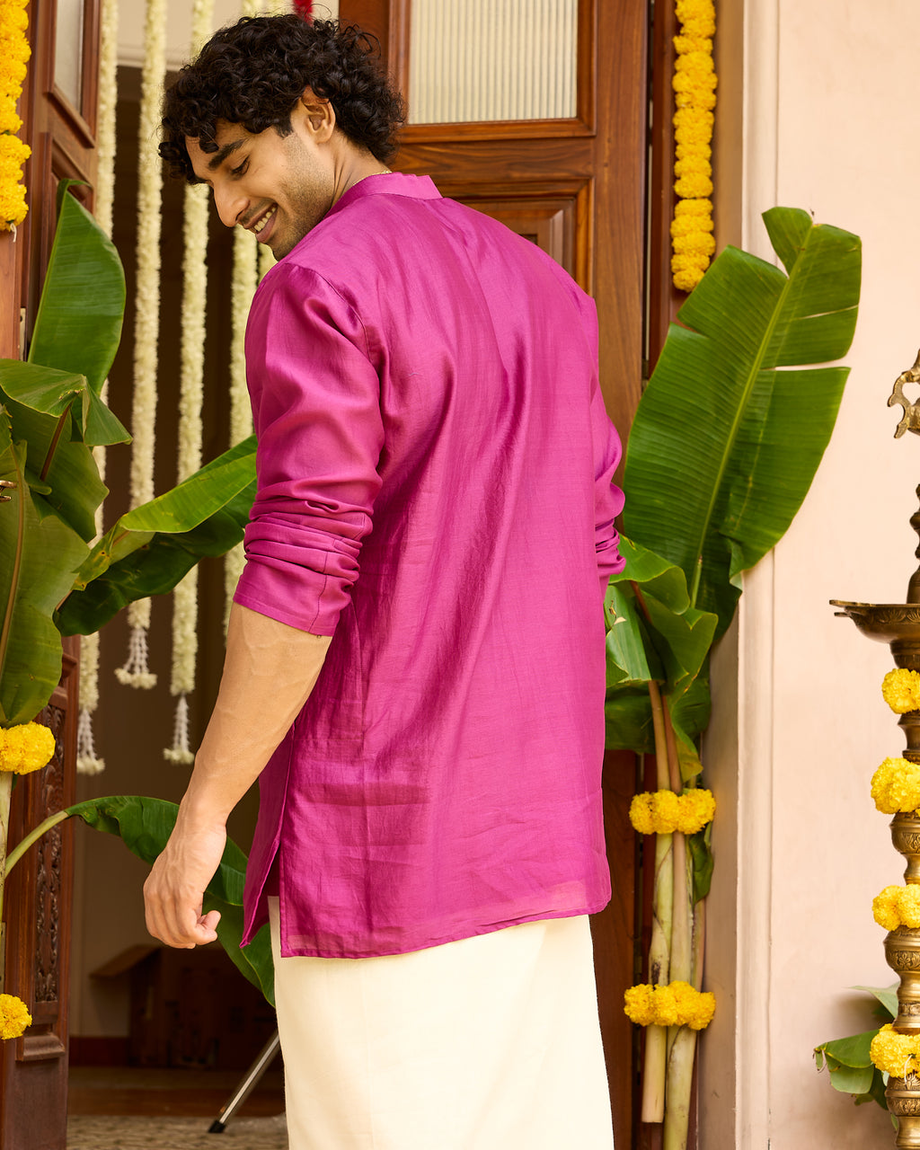 Pink Pure Chanderi Men's Short Kurta