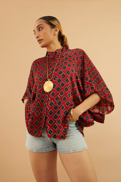 Red Blue Pattern Ajrakh Modal Shirt