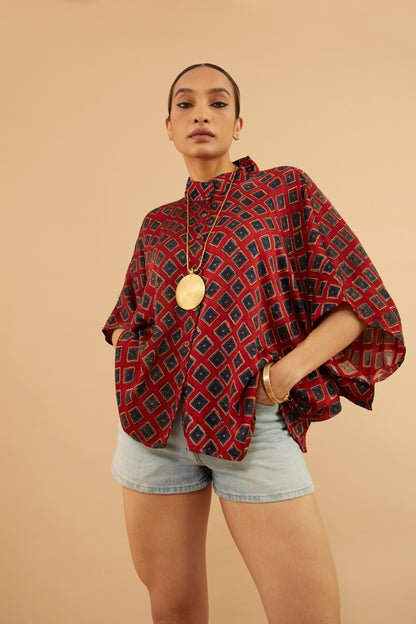 Red Blue Pattern Ajrakh Modal Shirt