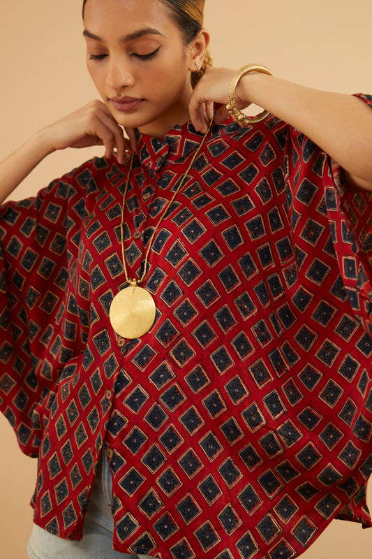 Red Blue Pattern Ajrakh Modal Shirt