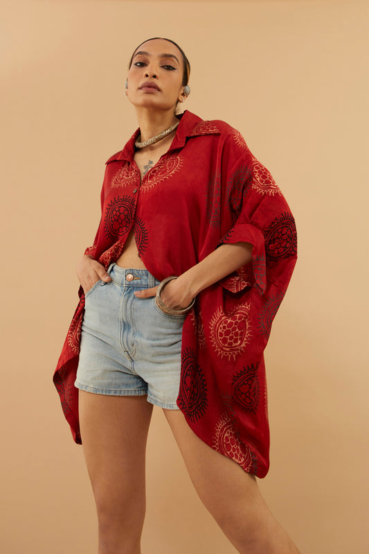 Red Ajrakh Modal Collar Shirt