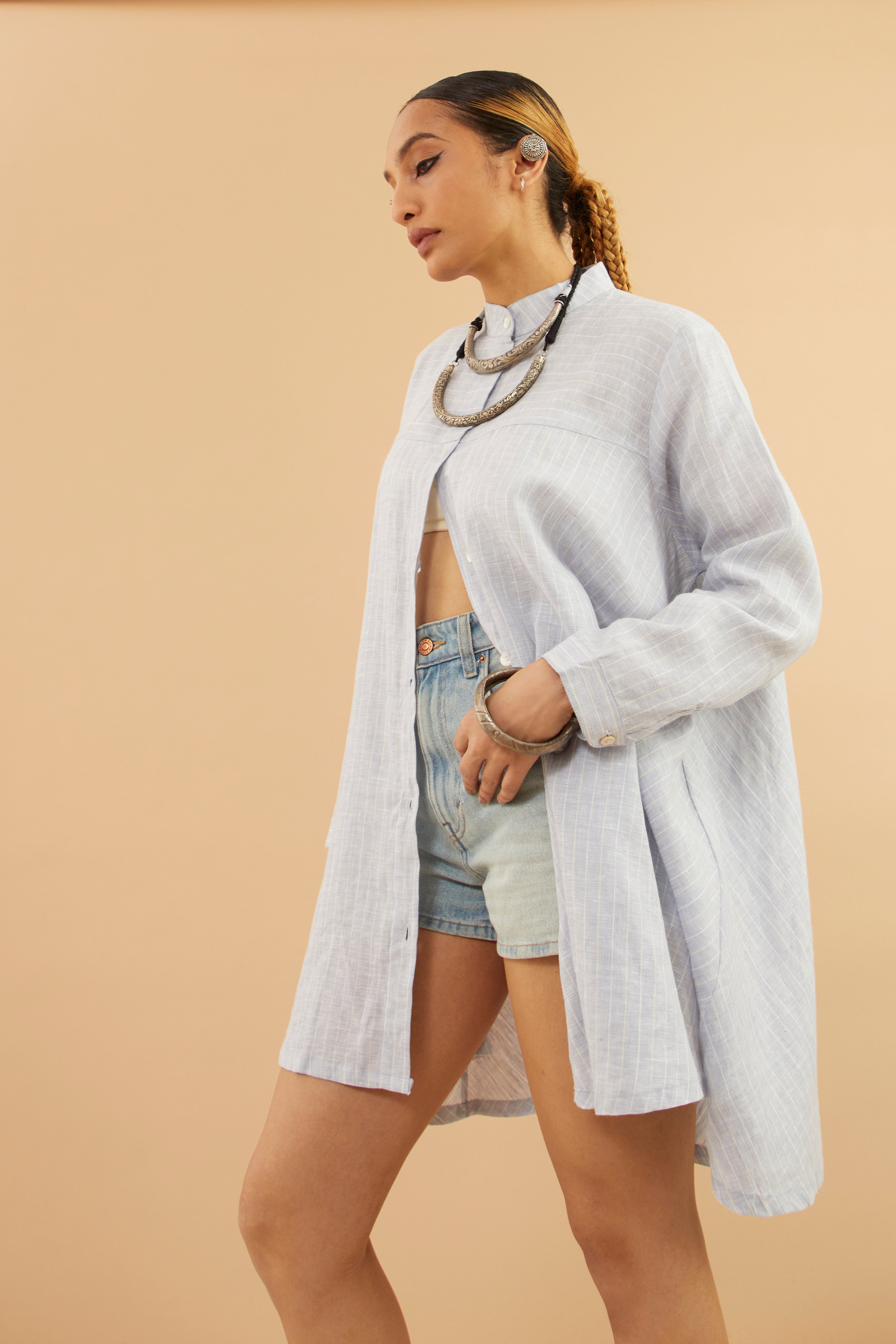 Dusky Blue Stripe Linen Tunic Shrug