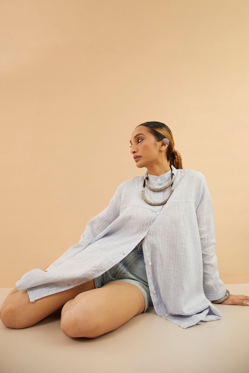 Dusky Blue Stripe Linen Tunic Shrug