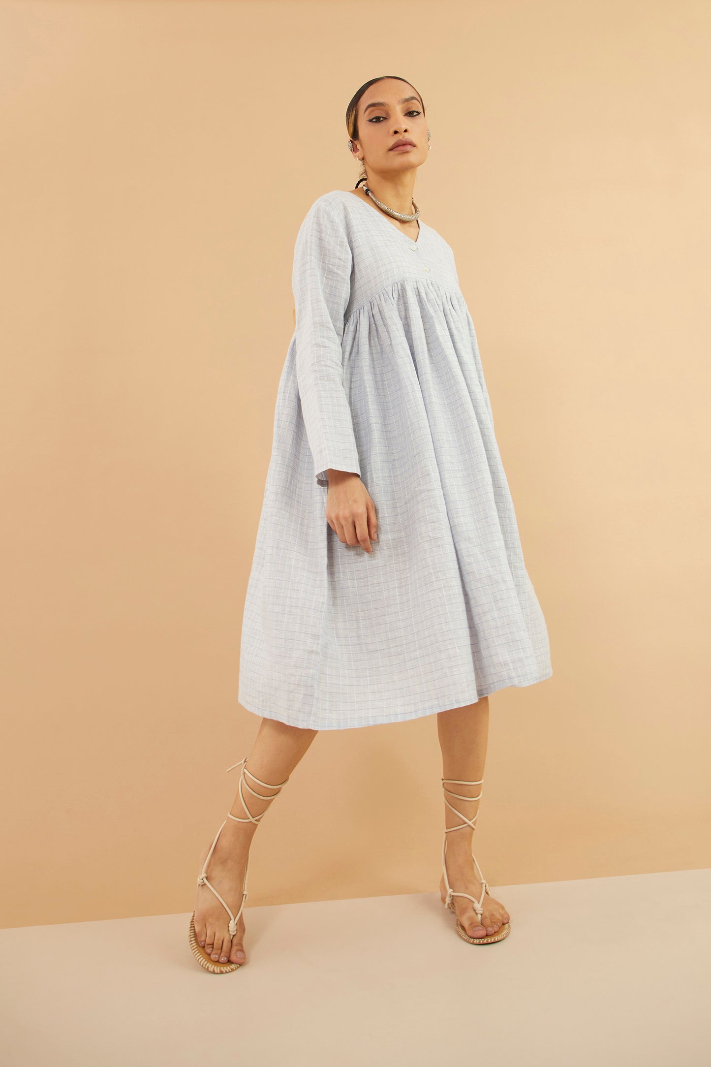 Blue Check Linen Midi Dress