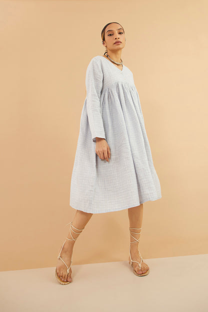 Blue Check Linen Midi Dress