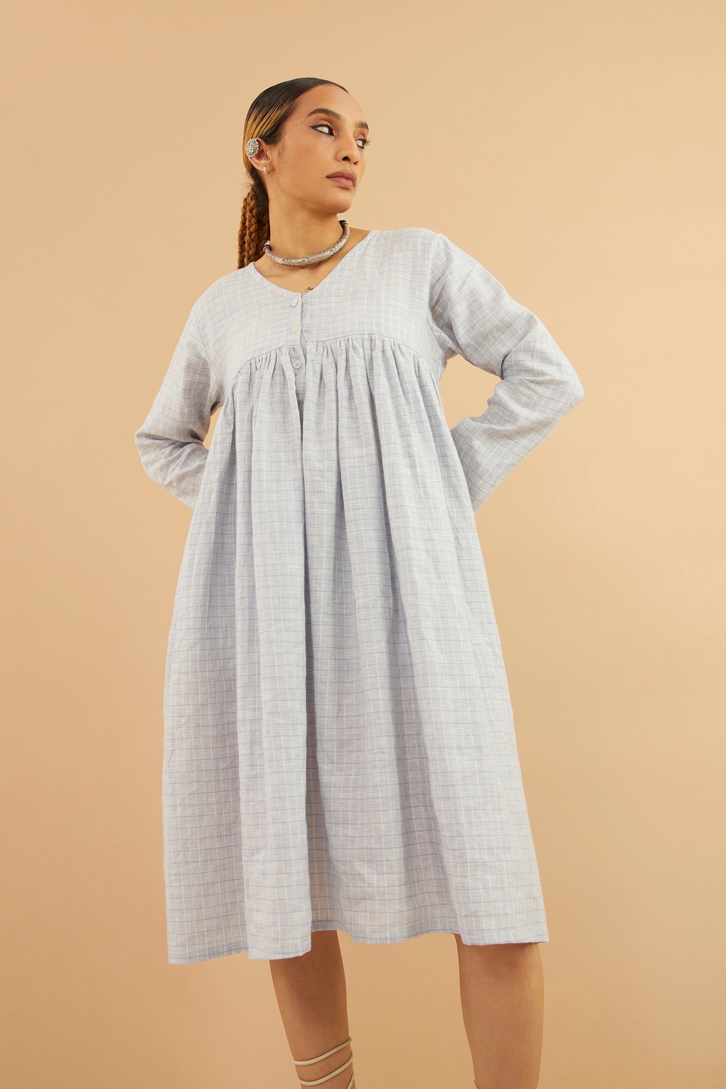 Blue Check Linen Midi Dress