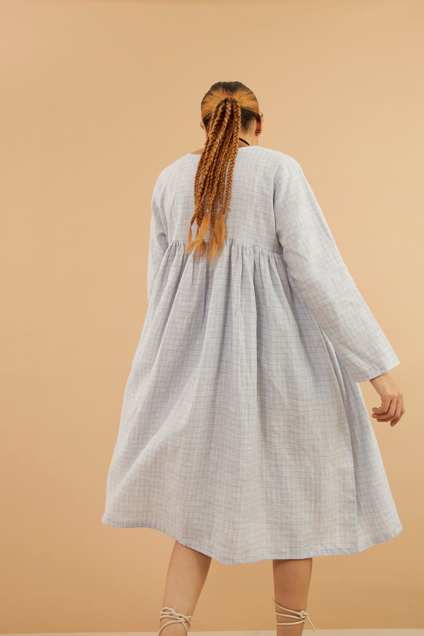 Blue Check Linen Midi Dress