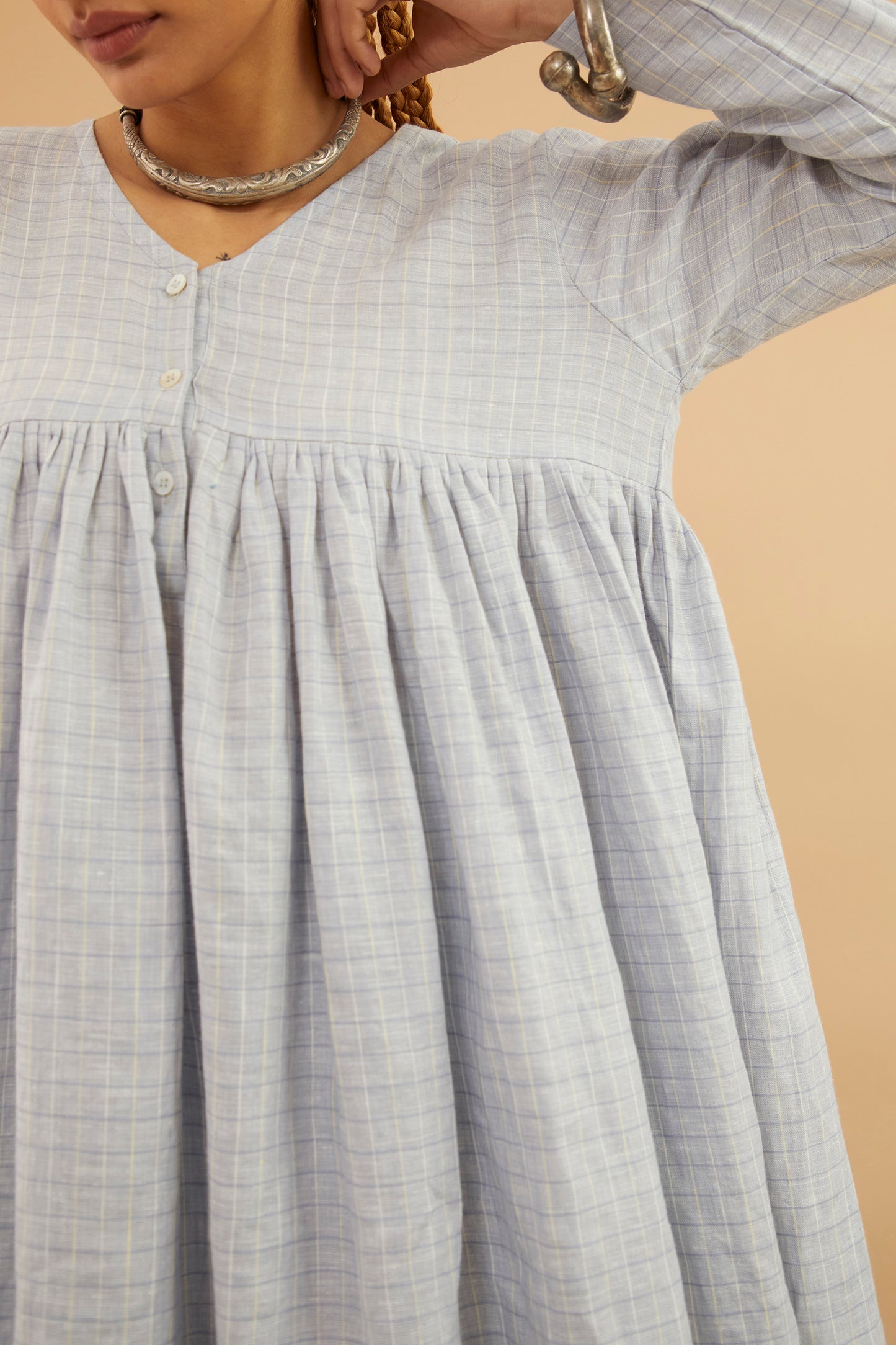 Blue Check Linen Midi Dress