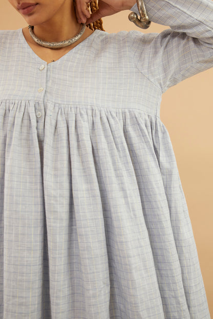 Blue Check Linen Midi Dress