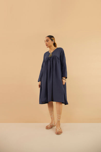 Navy Linen Midi Dress