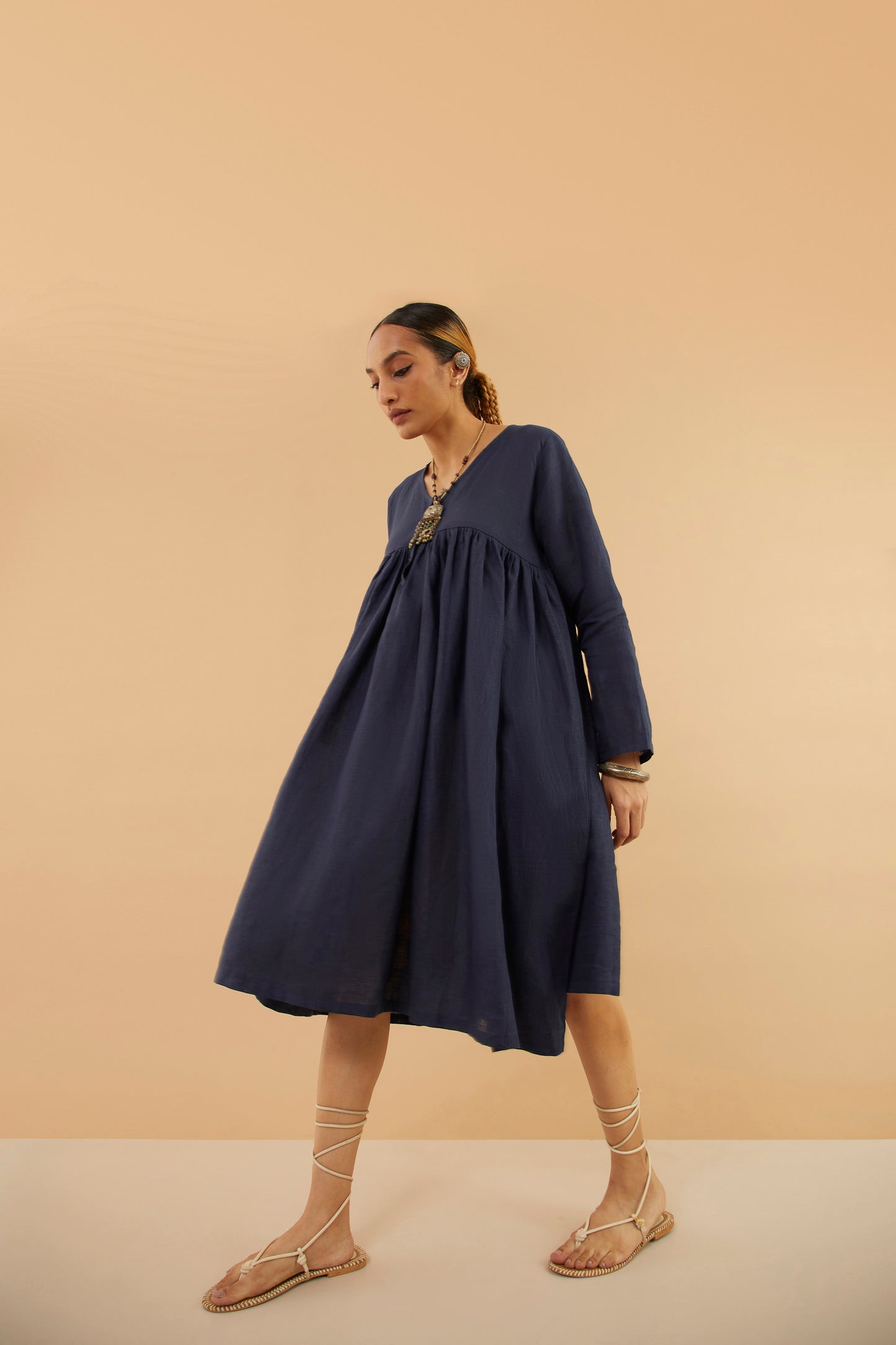 Navy Linen Midi Dress