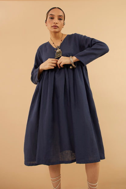 Navy Linen Midi Dress