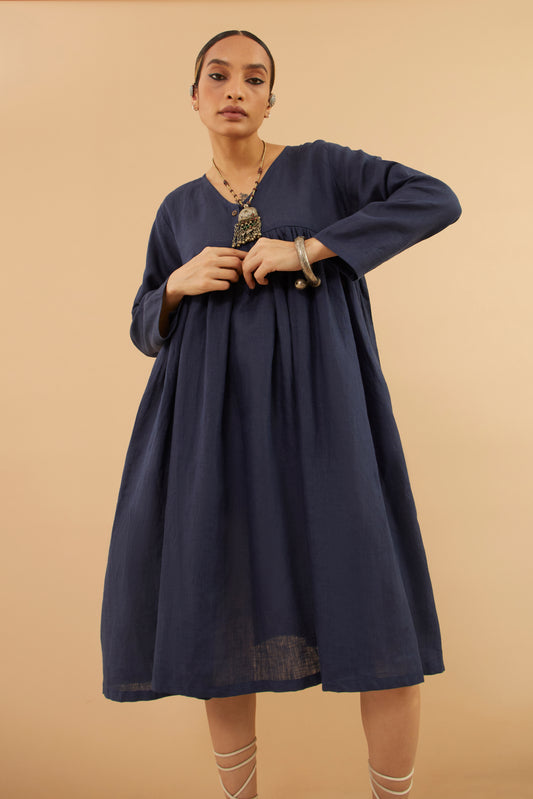 Navy Linen Midi Dress