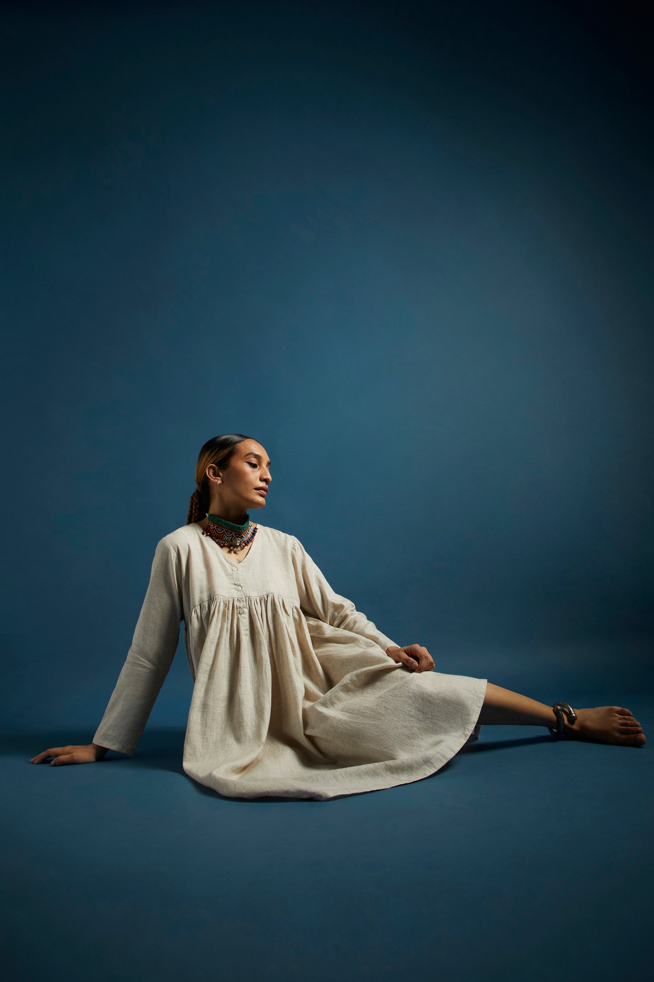 Beige Linen Midi Dress