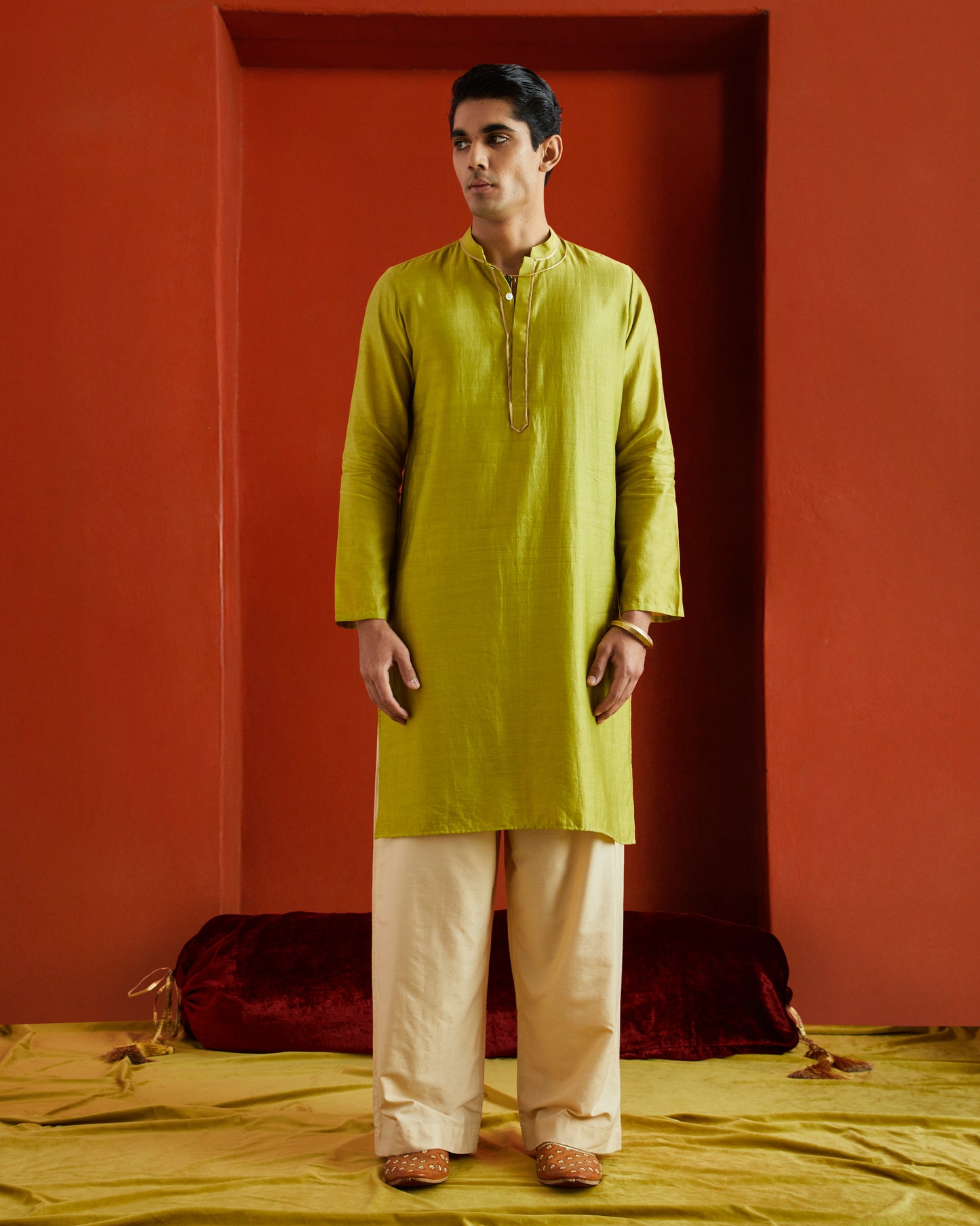 Green Pure Chanderi Kurta With Gold Piping On Hidden Placket