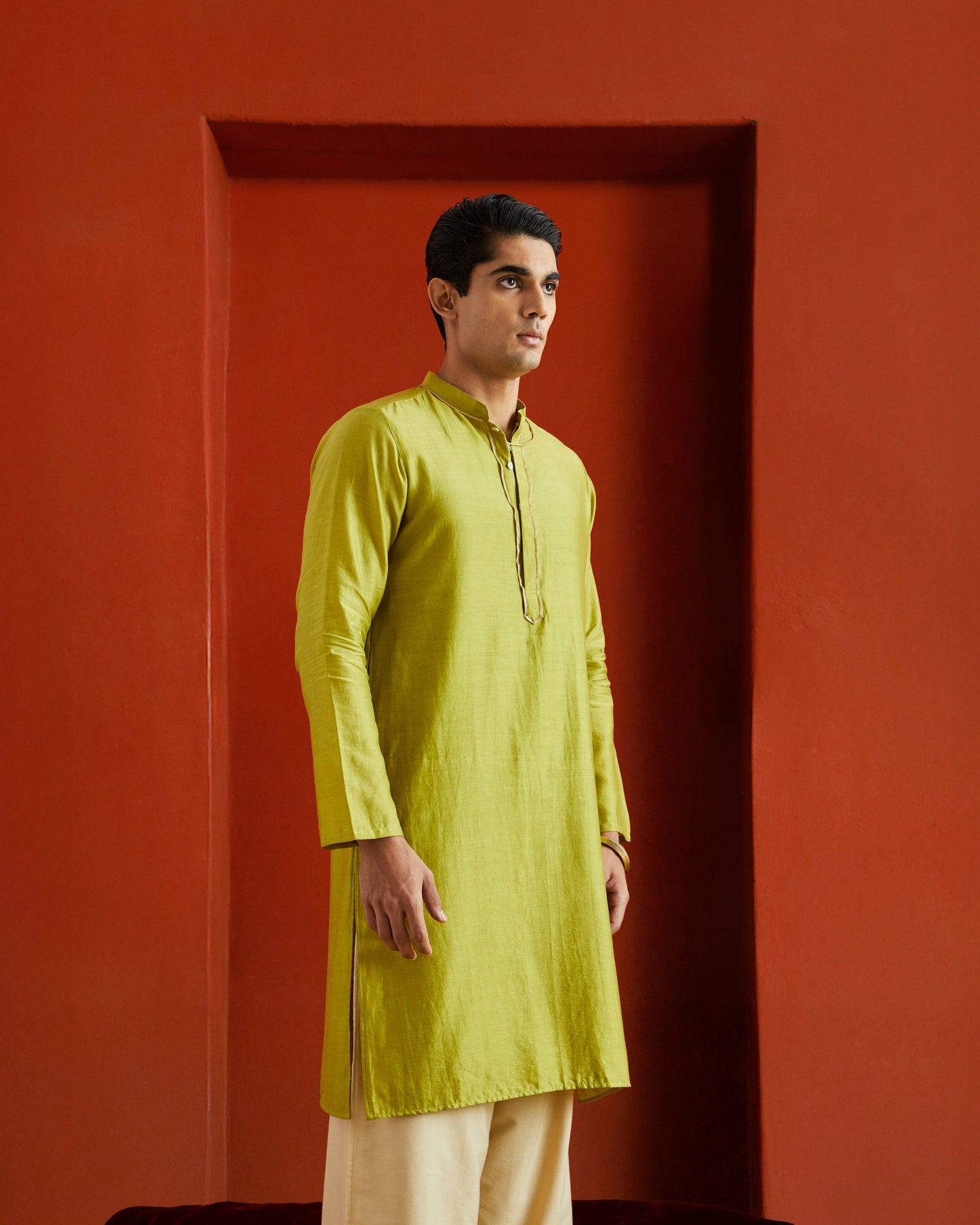 Green Pure Chanderi Kurta With Gold Piping On Hidden Placket
