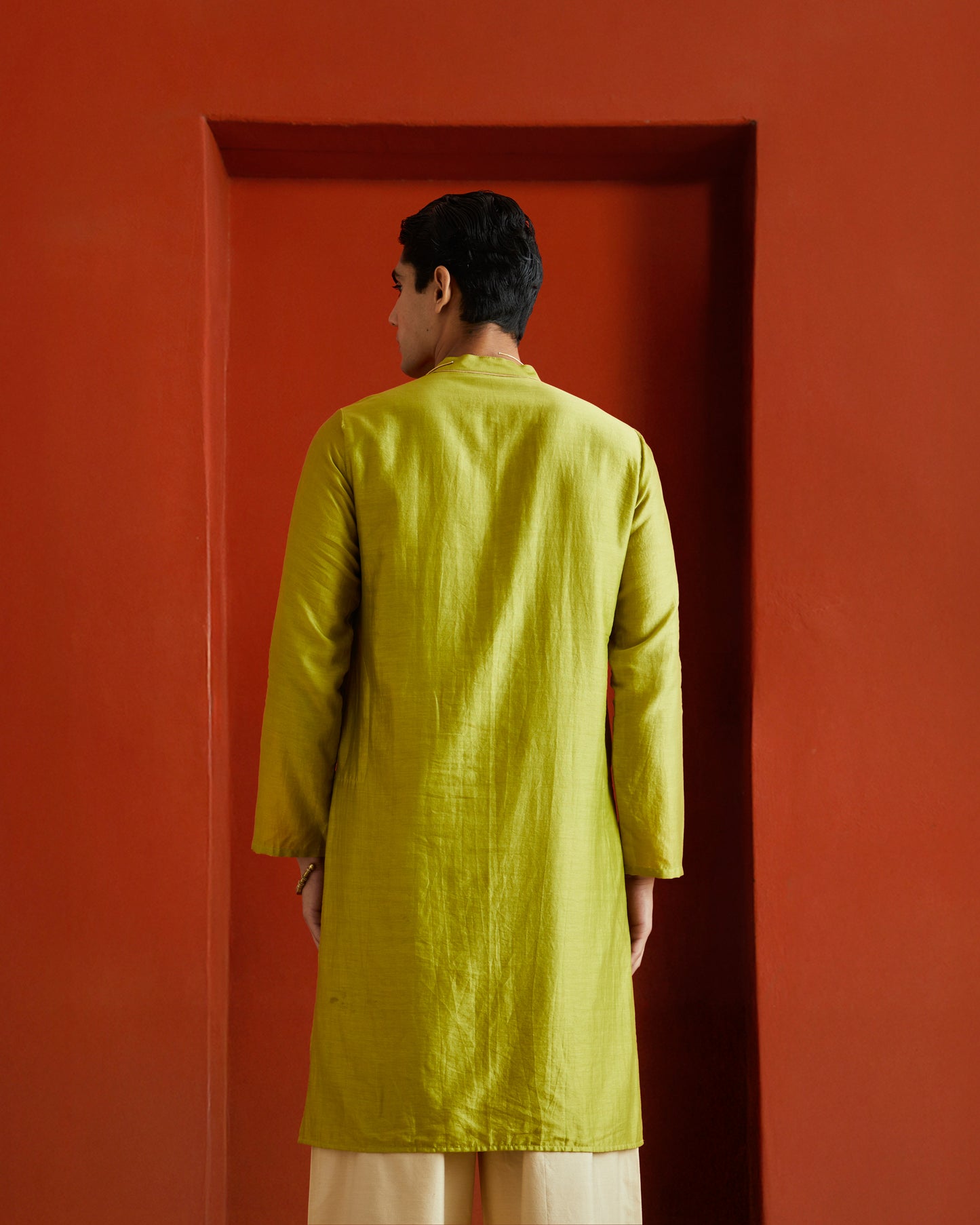 Green Pure Chanderi Kurta With Gold Piping On Hidden Placket