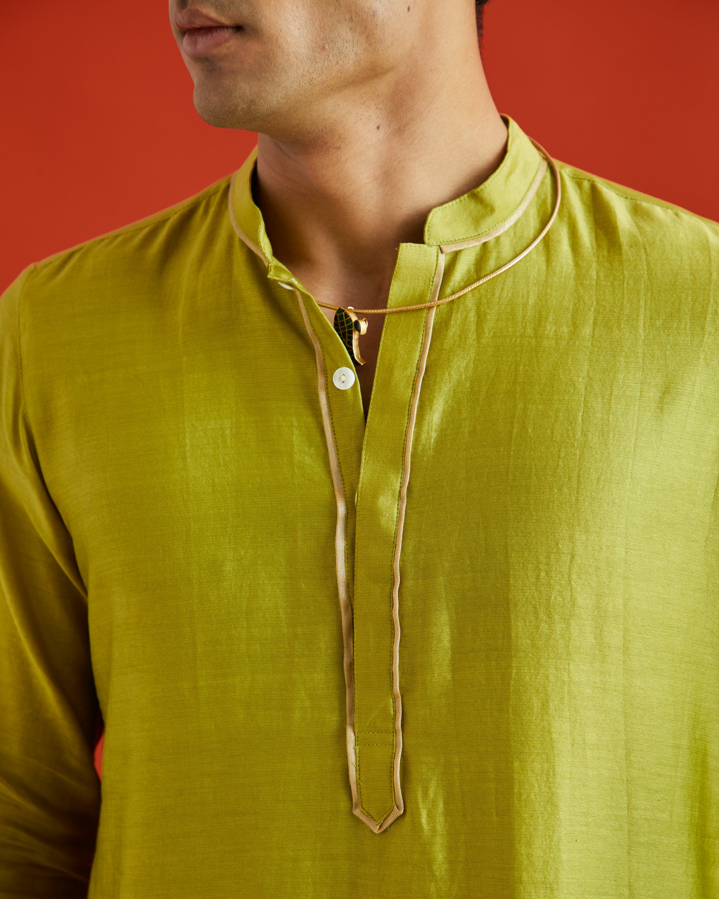 Green Pure Chanderi Kurta With Gold Piping On Hidden Placket