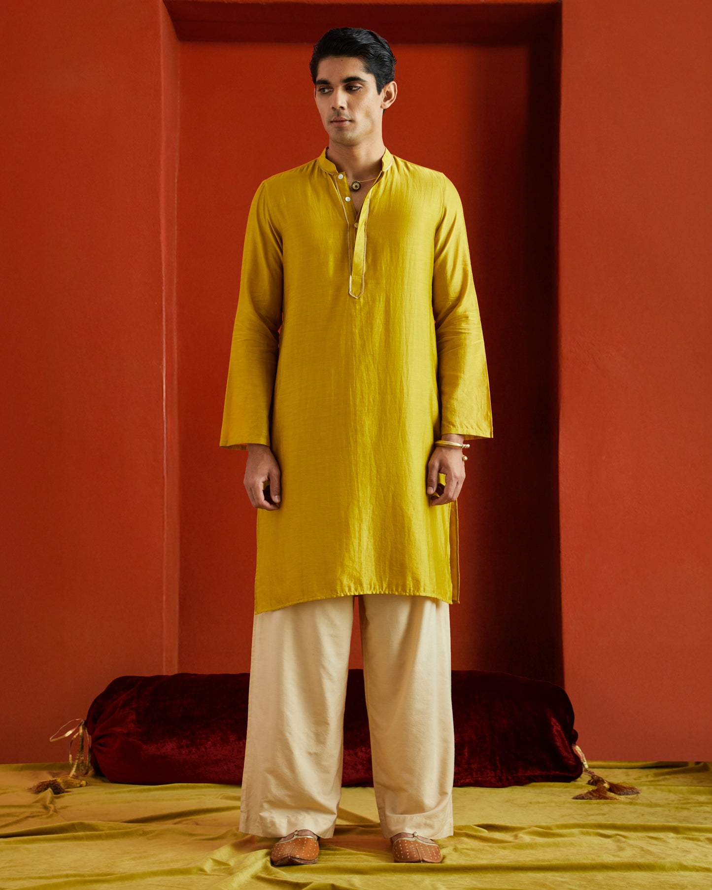 Yellow Pure Chanderi Kurta with Gold Piping On Hidden Placket