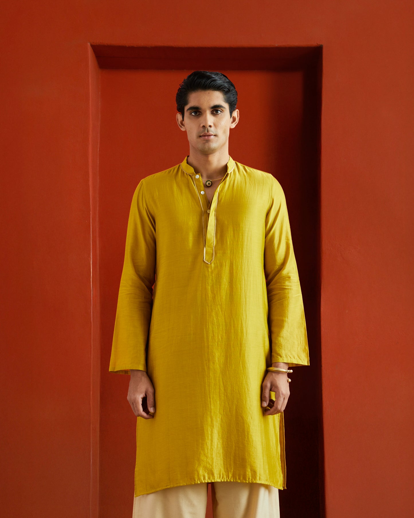 Yellow Pure Chanderi Kurta with Gold Piping On Hidden Placket
