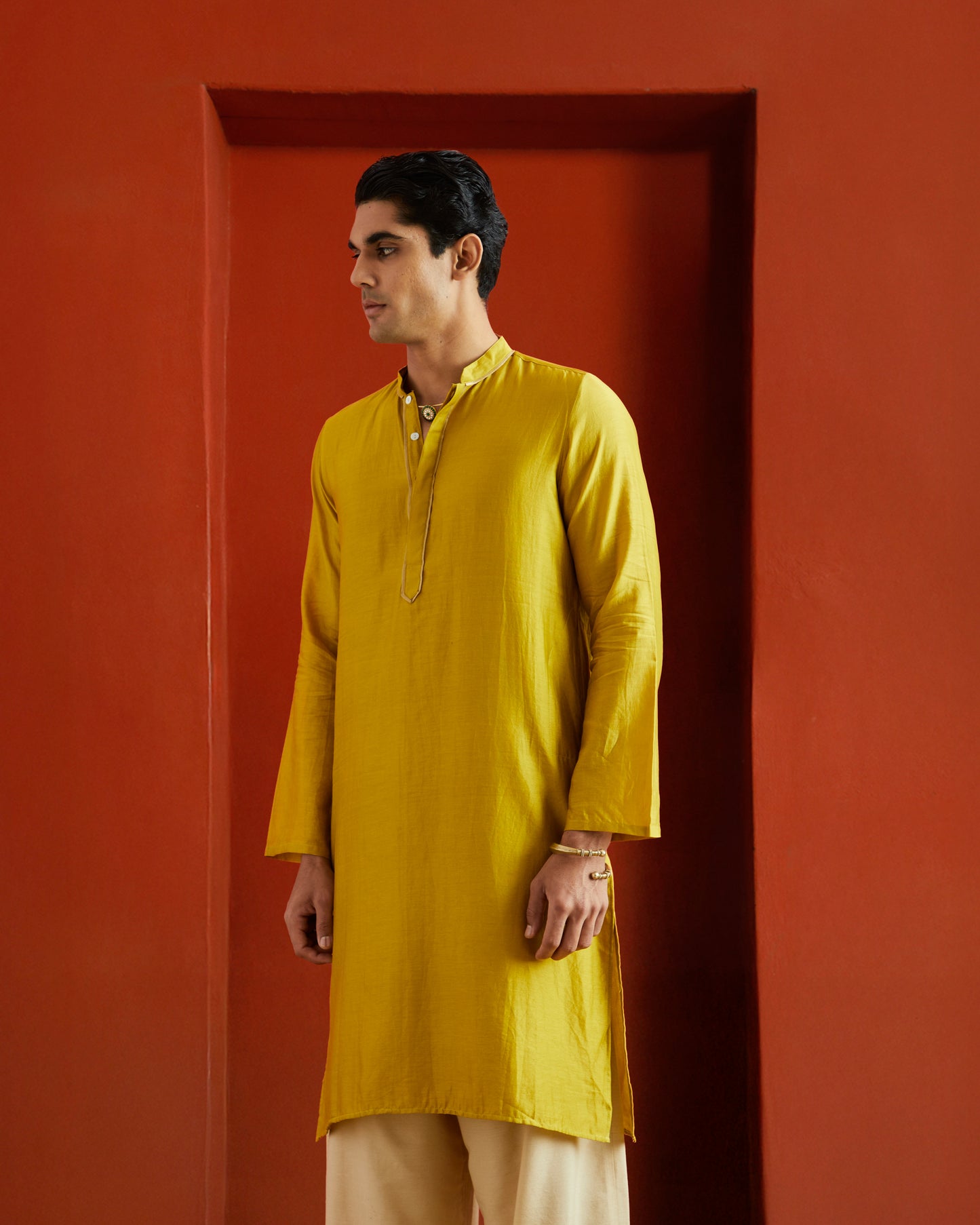 Yellow Pure Chanderi Kurta with Gold Piping On Hidden Placket