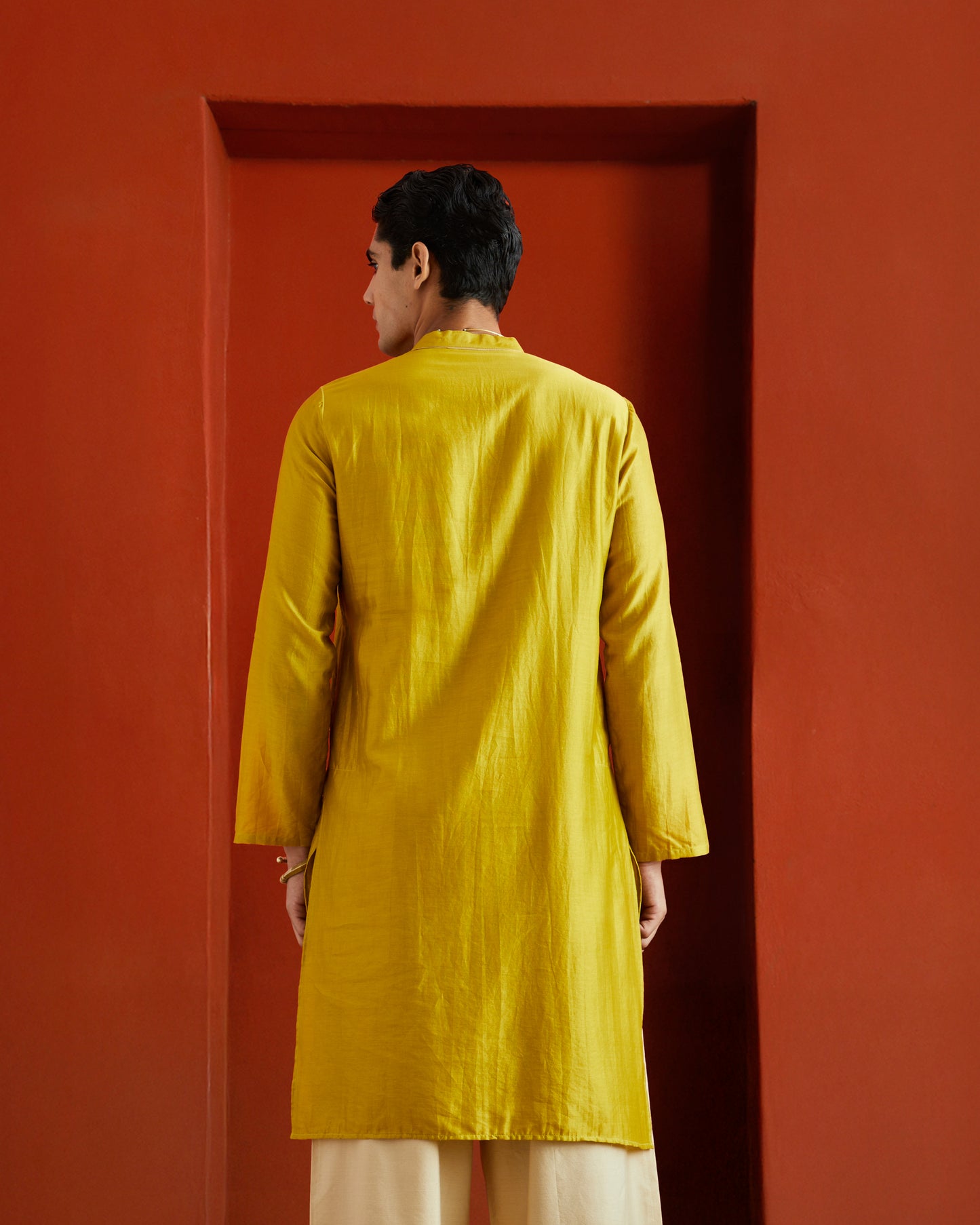 Yellow Pure Chanderi Kurta with Gold Piping On Hidden Placket