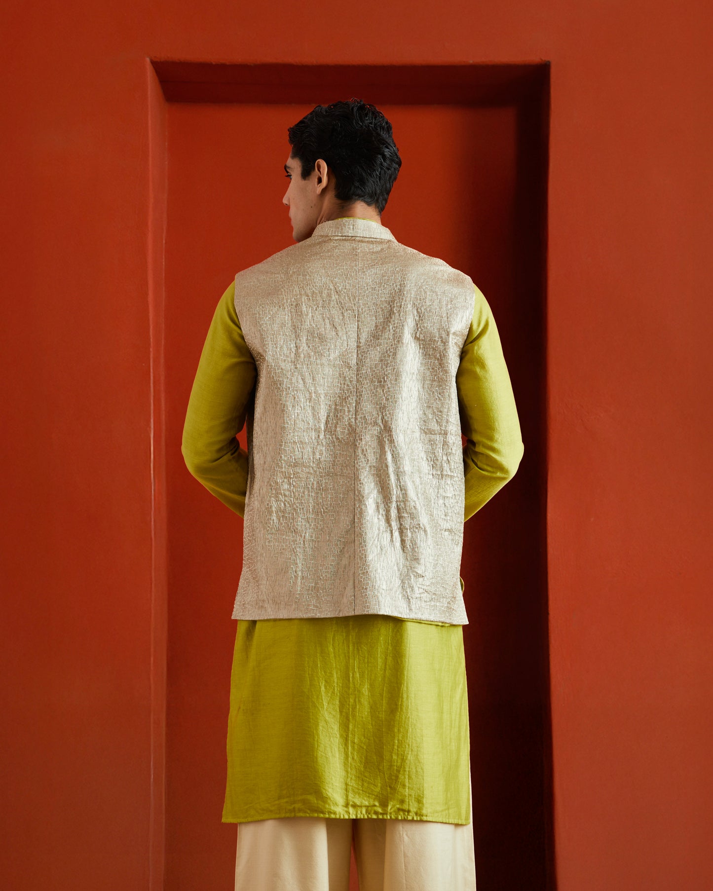 Silver Pure Tissue Brocade Bricks Motif Bandi- Green Hue