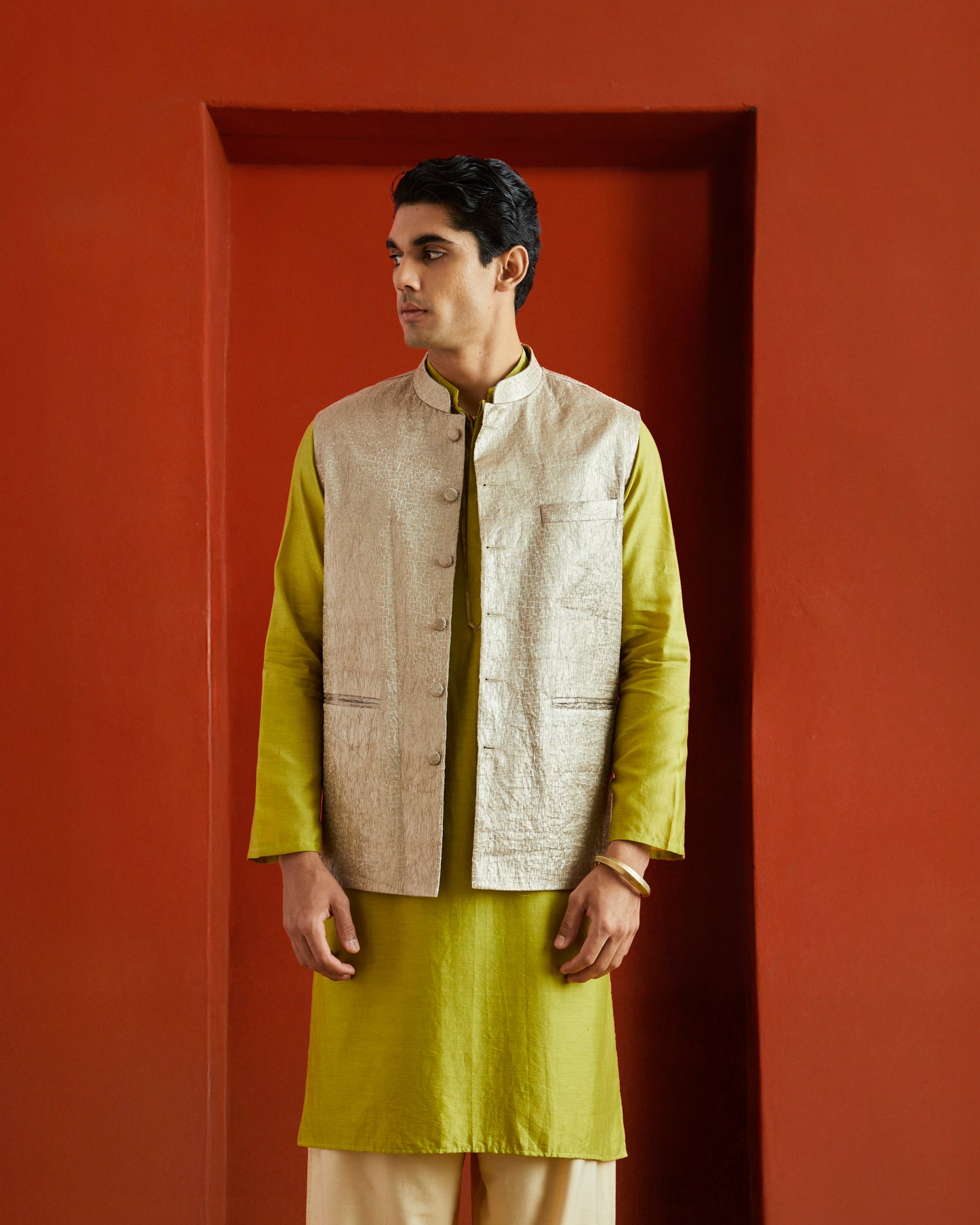 Silver Pure Tissue Brocade Bricks Motif Bandi- Green Hue