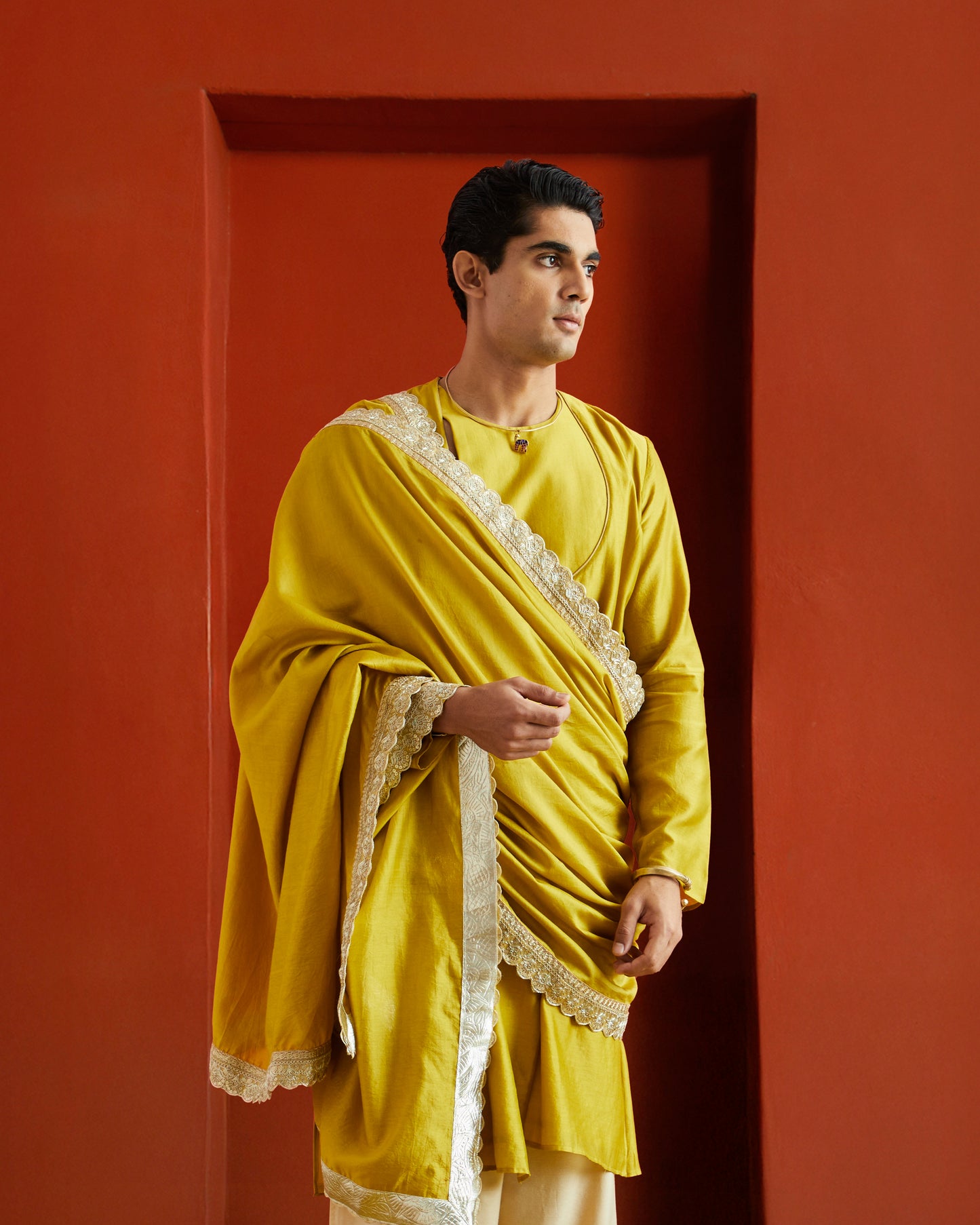 Yellow Pure Chanderi Lohi With Lace And Gota Border