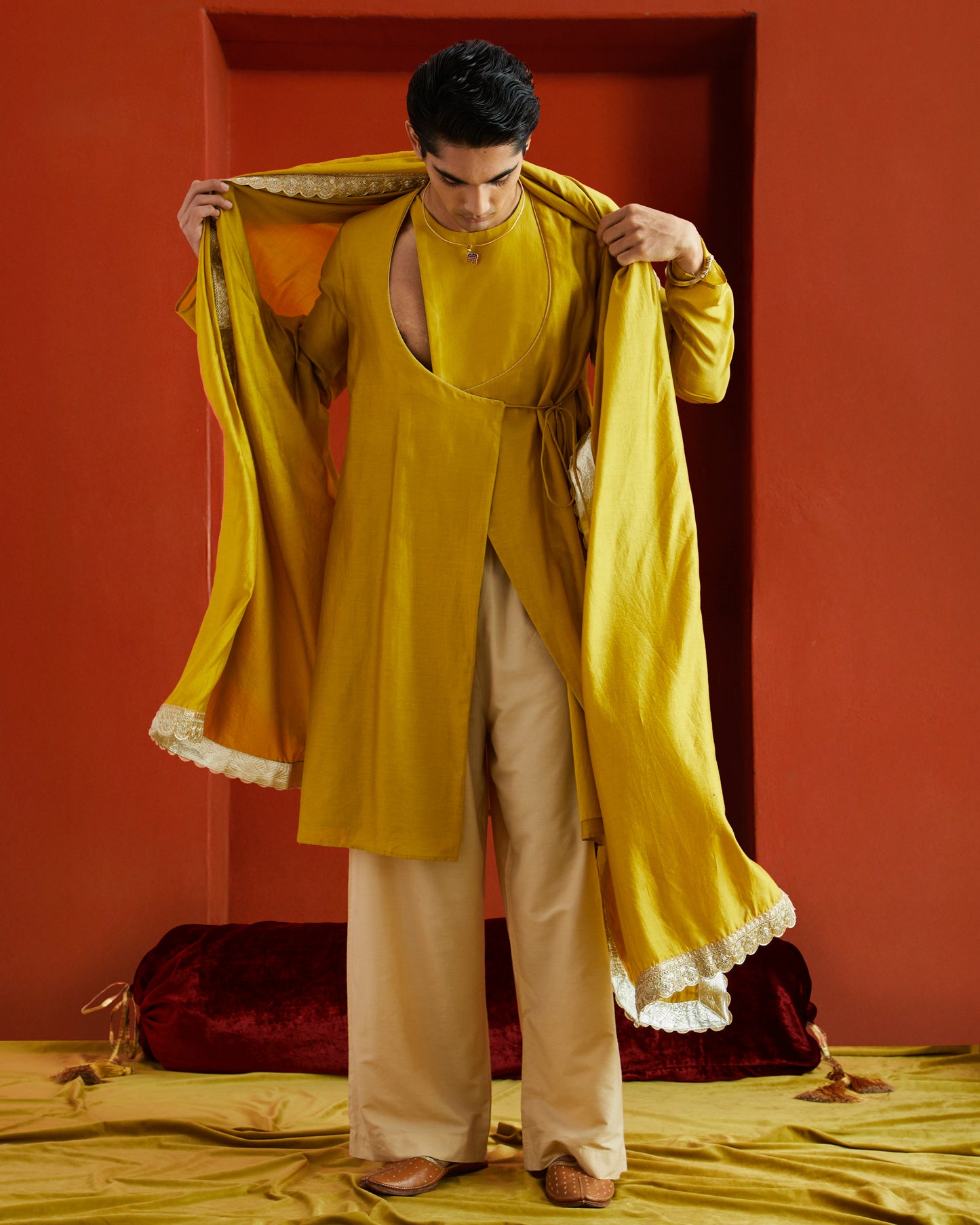 Yellow Pure Chanderi Lohi With Lace And Gota Border